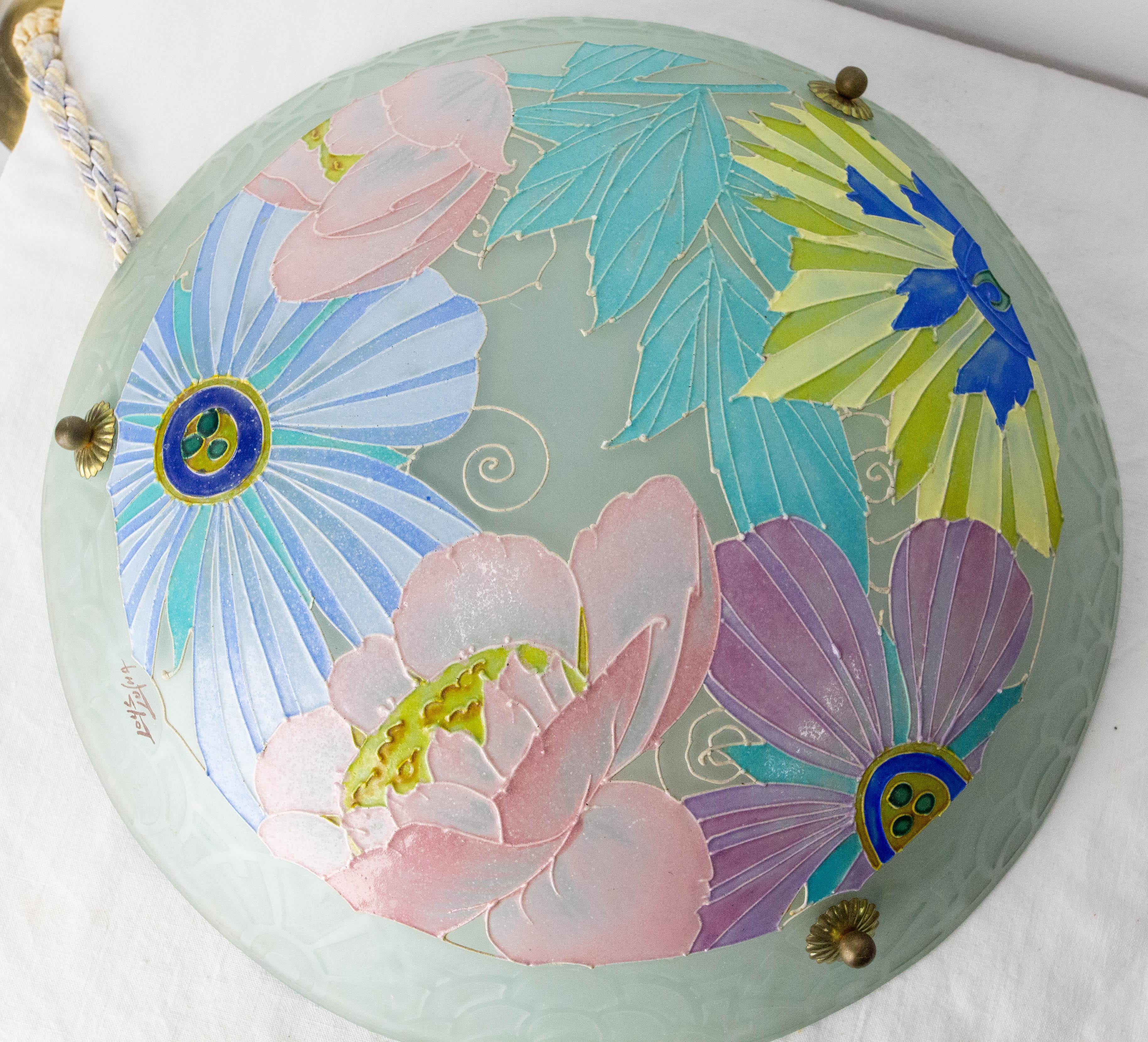 Lampadario a sospensione da soffitto in vetro art déco francese firmato Loys Lucha c. 1930 in vendita 1