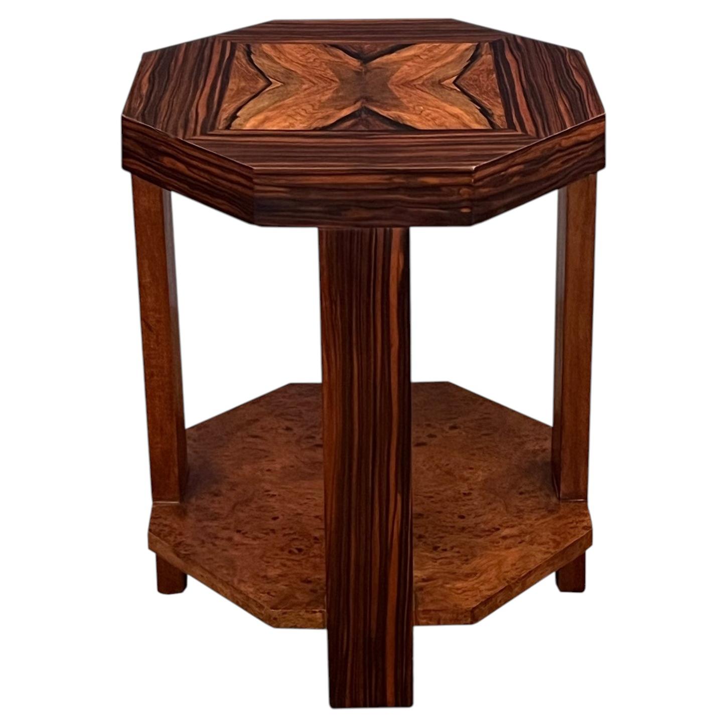 French Art Deco Macassar and Burl Walnut Octagonal Occasional Table For Sale