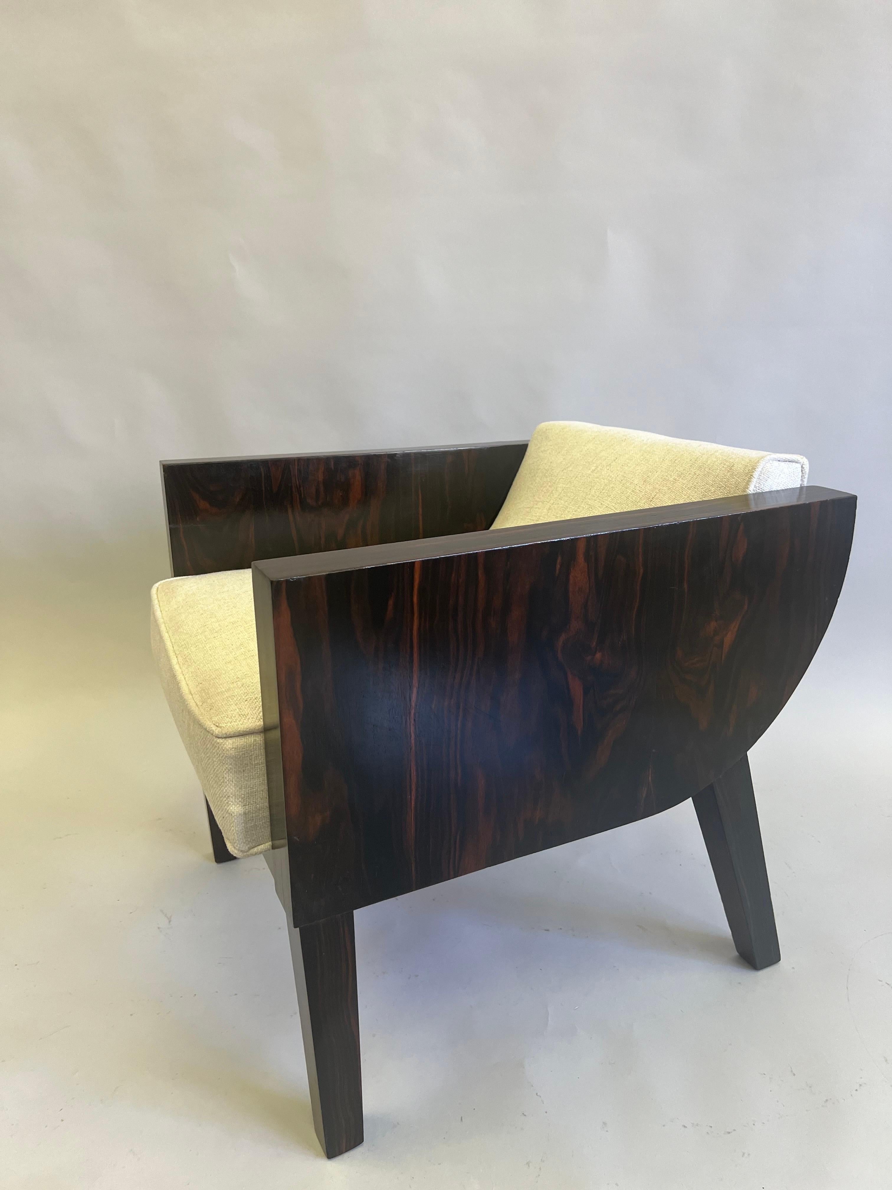 Hand-Carved French Art Deco Macassar Ebony Armchair in the Style of Emile-Jacques Ruhlmann For Sale