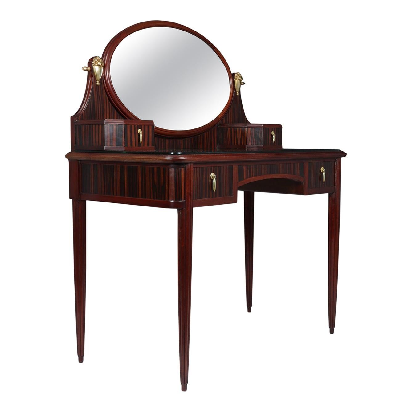 French Art Deco Macassar Ebony and Oak Dressing Table with Gilt Bronze Mounts For Sale