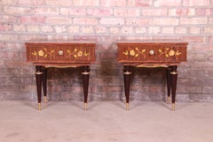 French Art Deco Macassar Ebony Inlaid Marquetry Nightstands, Circa 1950s