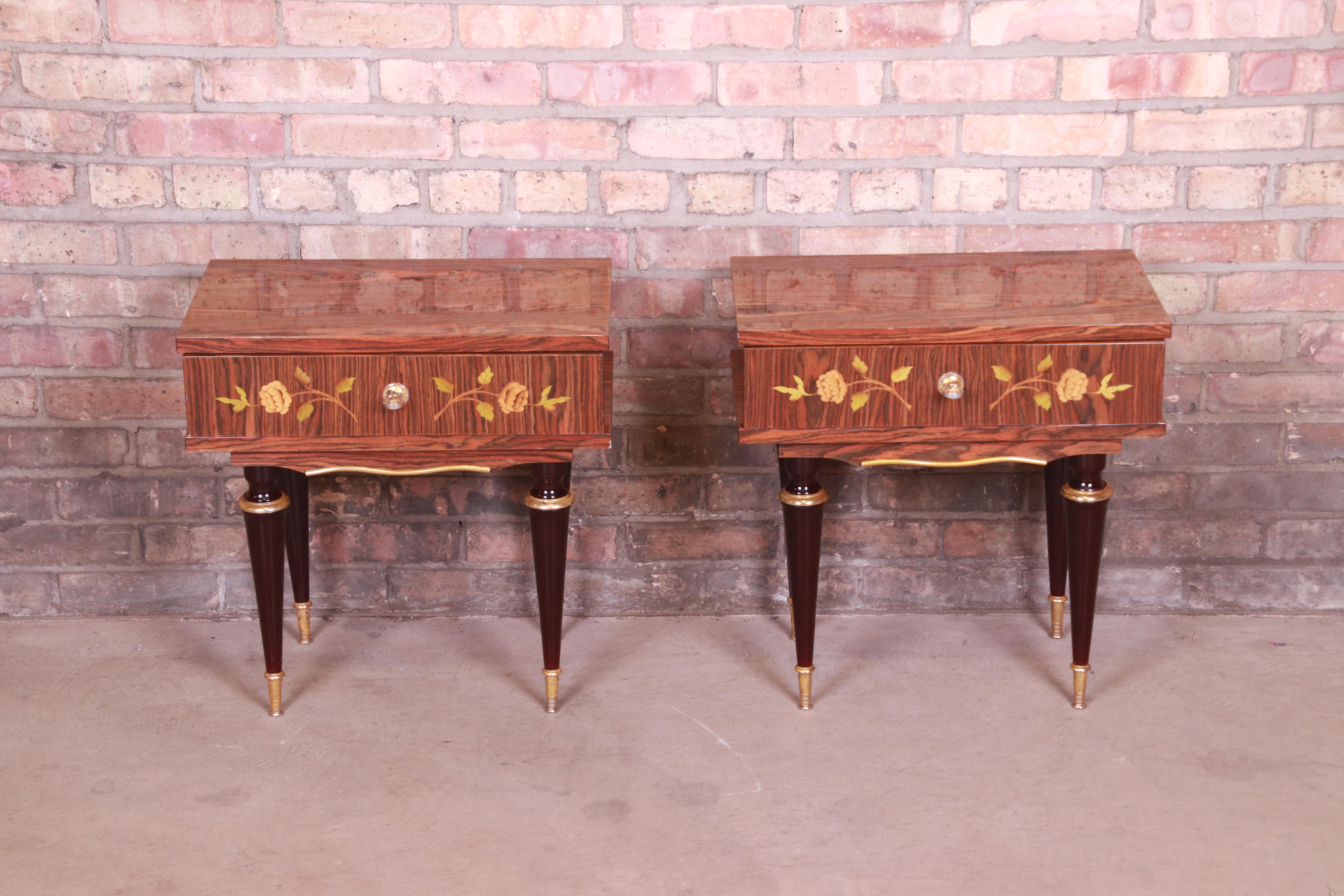 French Art Deco Macassar Ebony Inlaid Marquetry Nightstands, Circa 1950s In Good Condition For Sale In South Bend, IN