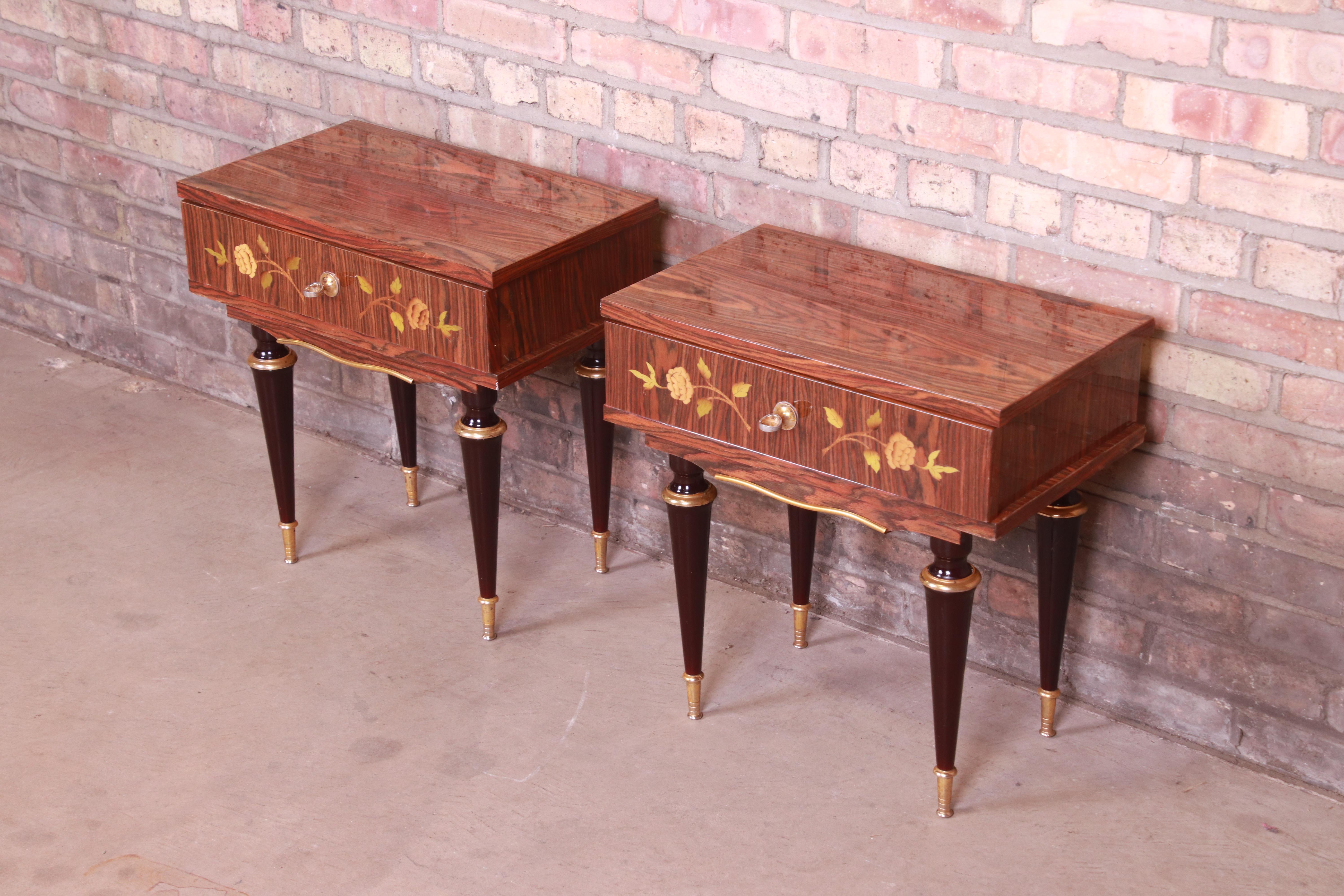 Mid-20th Century French Art Deco Macassar Ebony Inlaid Marquetry Nightstands, Circa 1950s For Sale