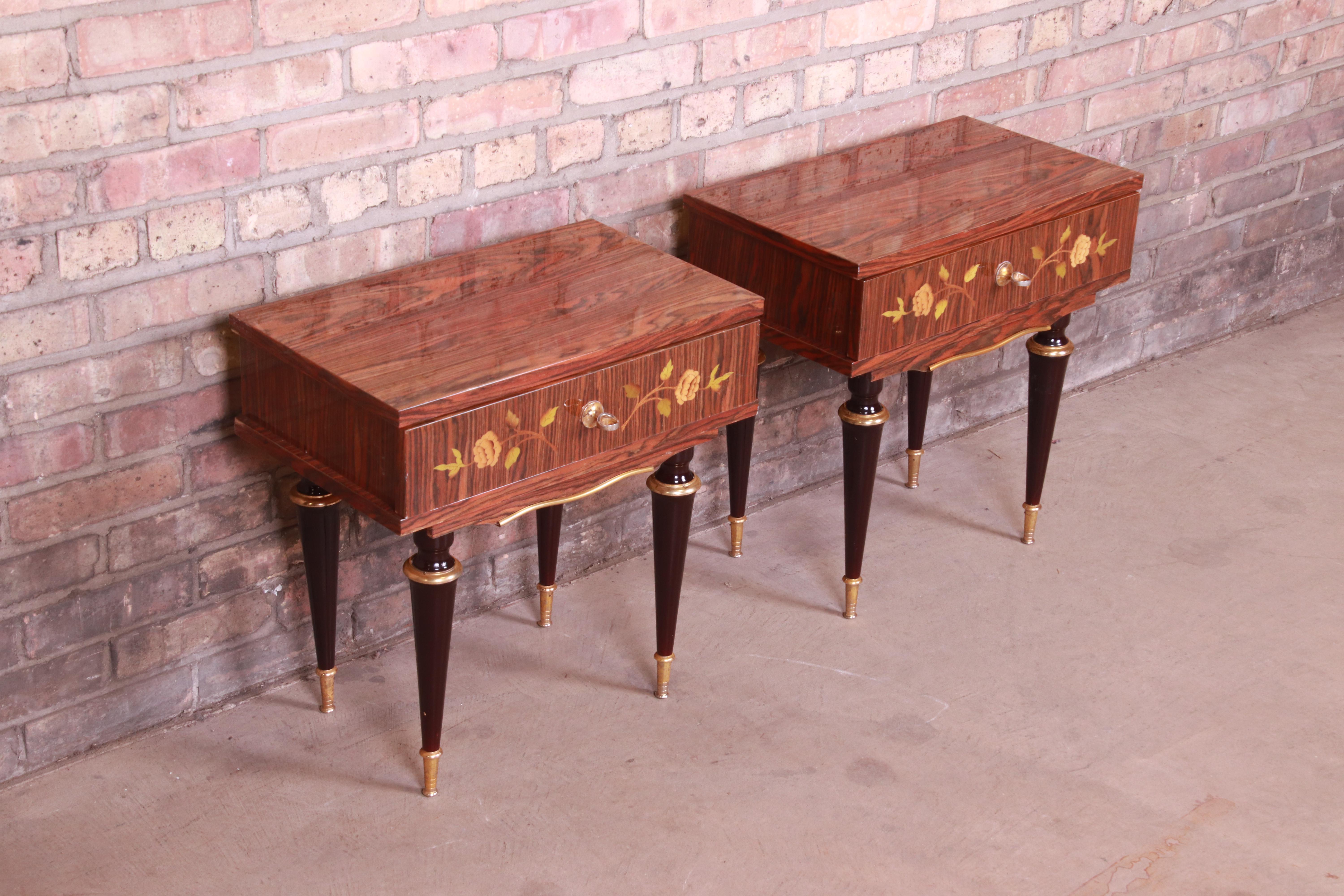 Brass French Art Deco Macassar Ebony Inlaid Marquetry Nightstands, Circa 1950s For Sale