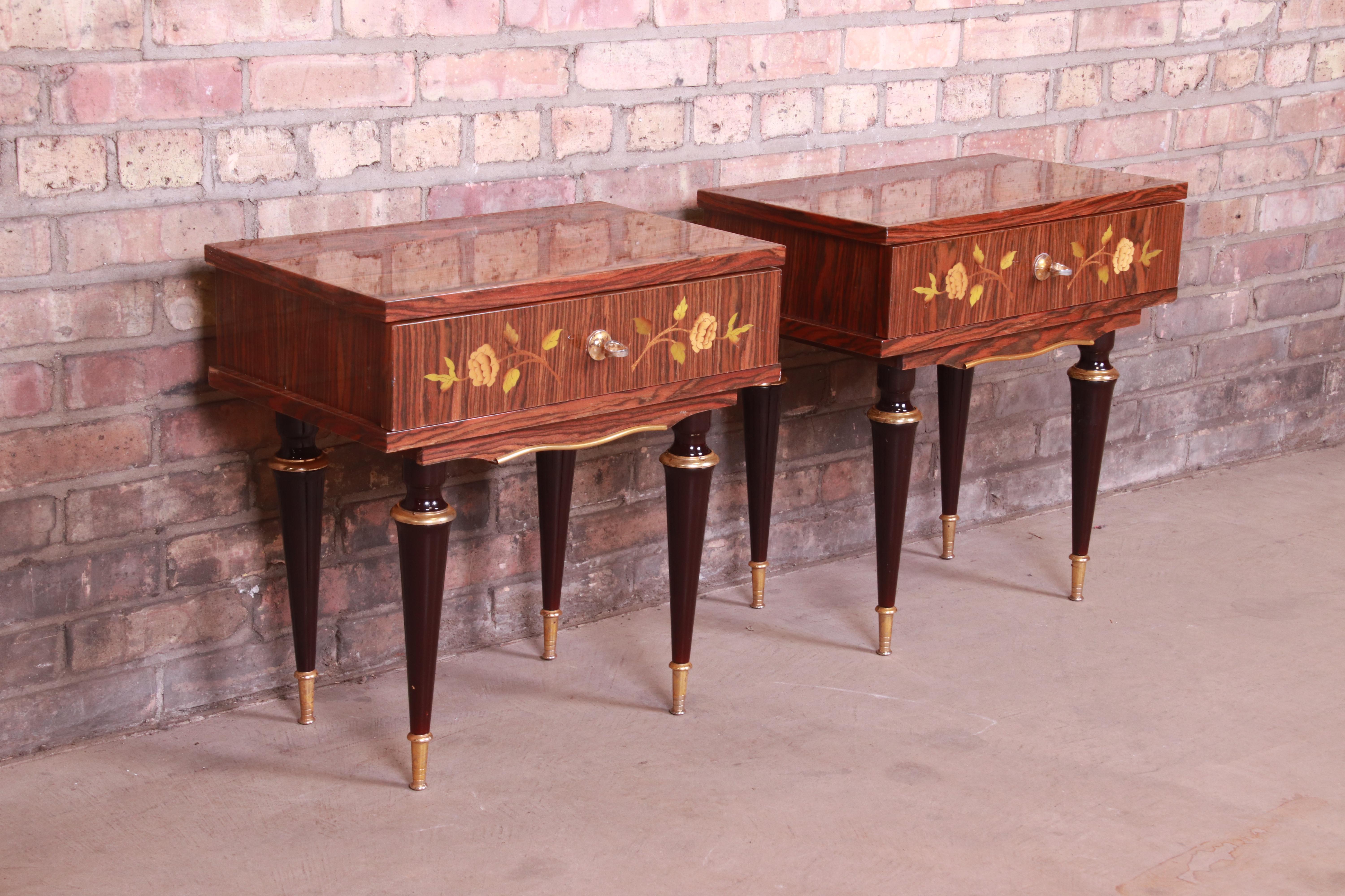 French Art Deco Macassar Ebony Inlaid Marquetry Nightstands, Circa 1950s For Sale 1