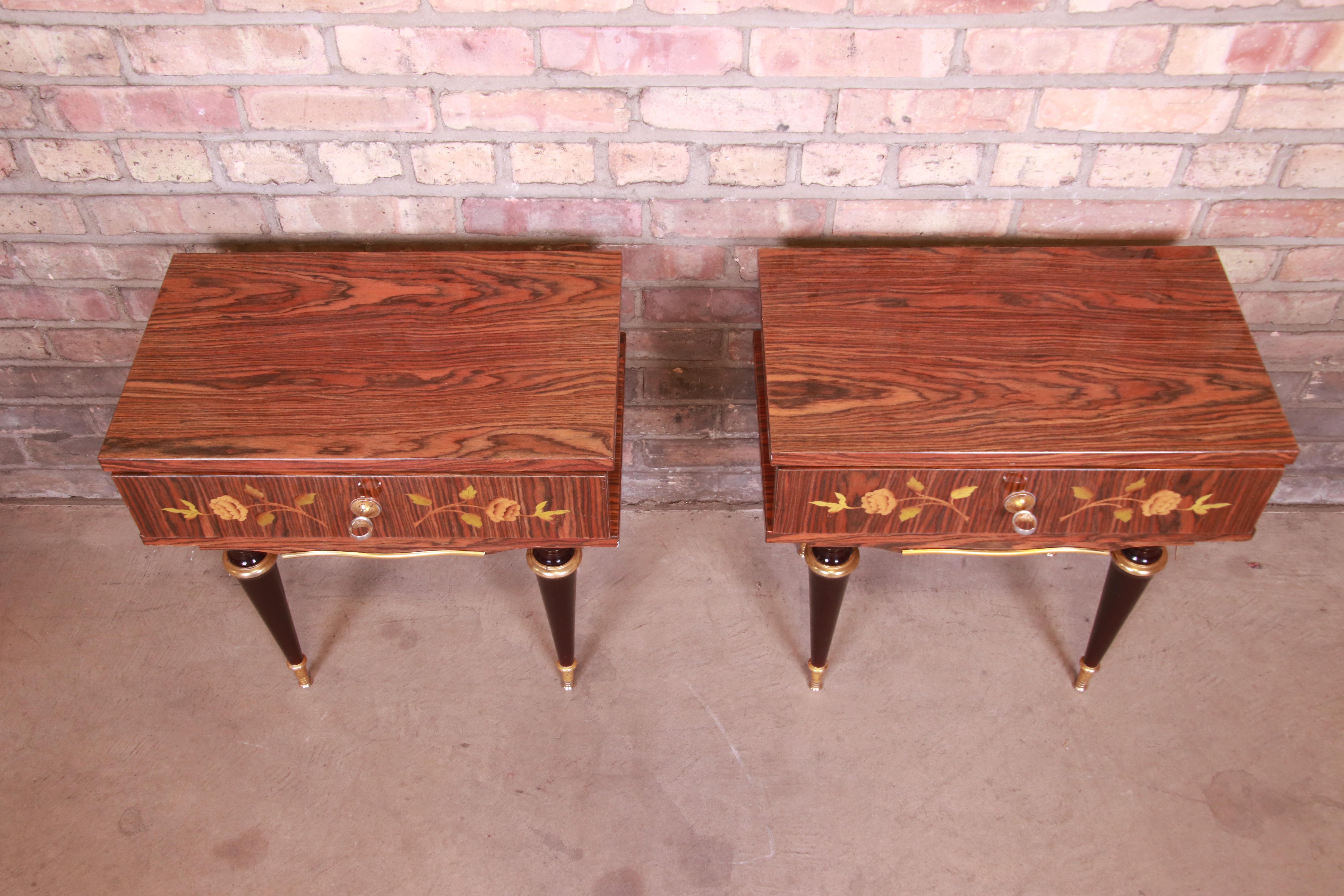 French Art Deco Macassar Ebony Inlaid Marquetry Nightstands, Circa 1950s For Sale 2