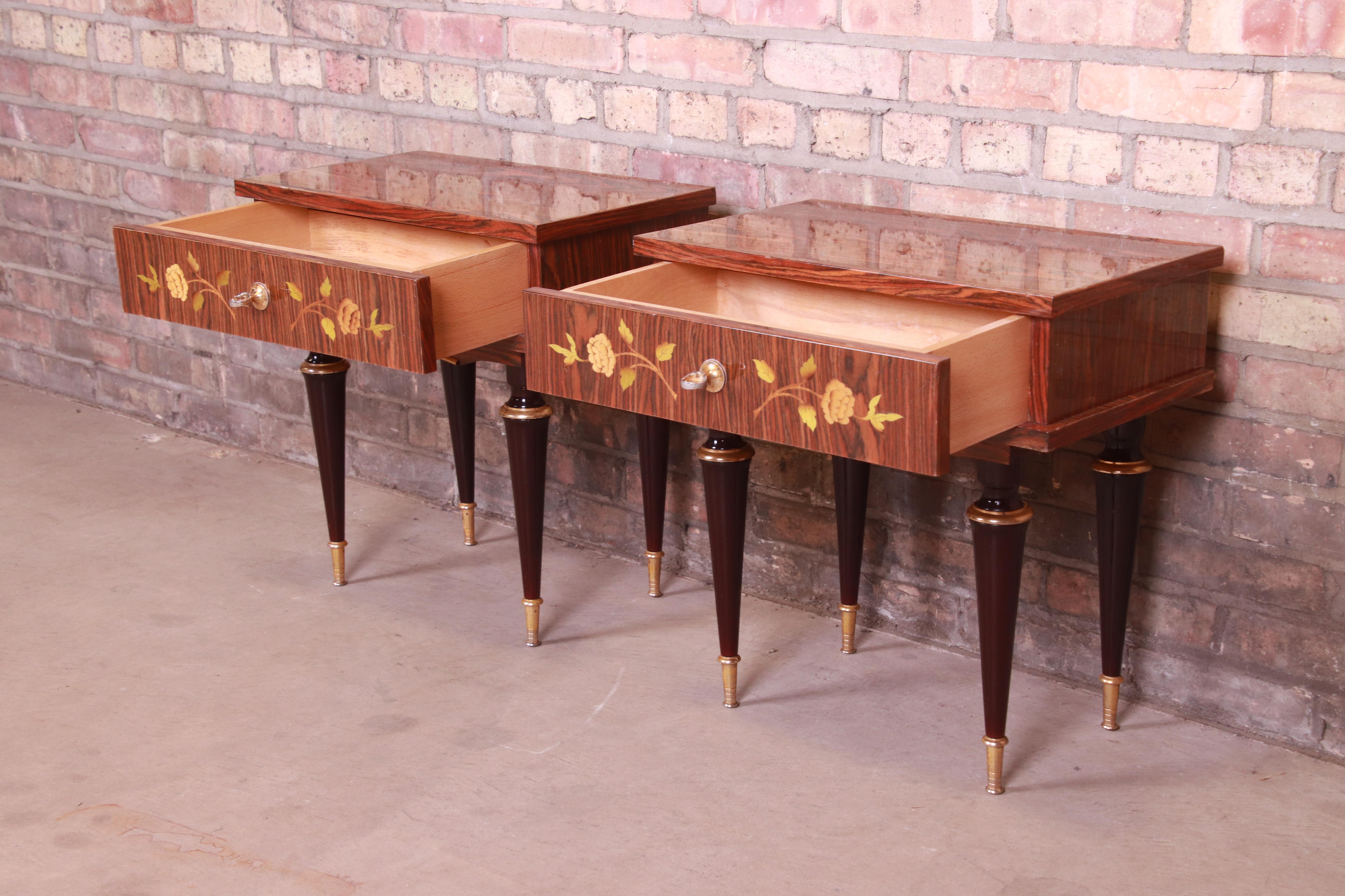 French Art Deco Macassar Ebony Inlaid Marquetry Nightstands, Circa 1950s For Sale 3