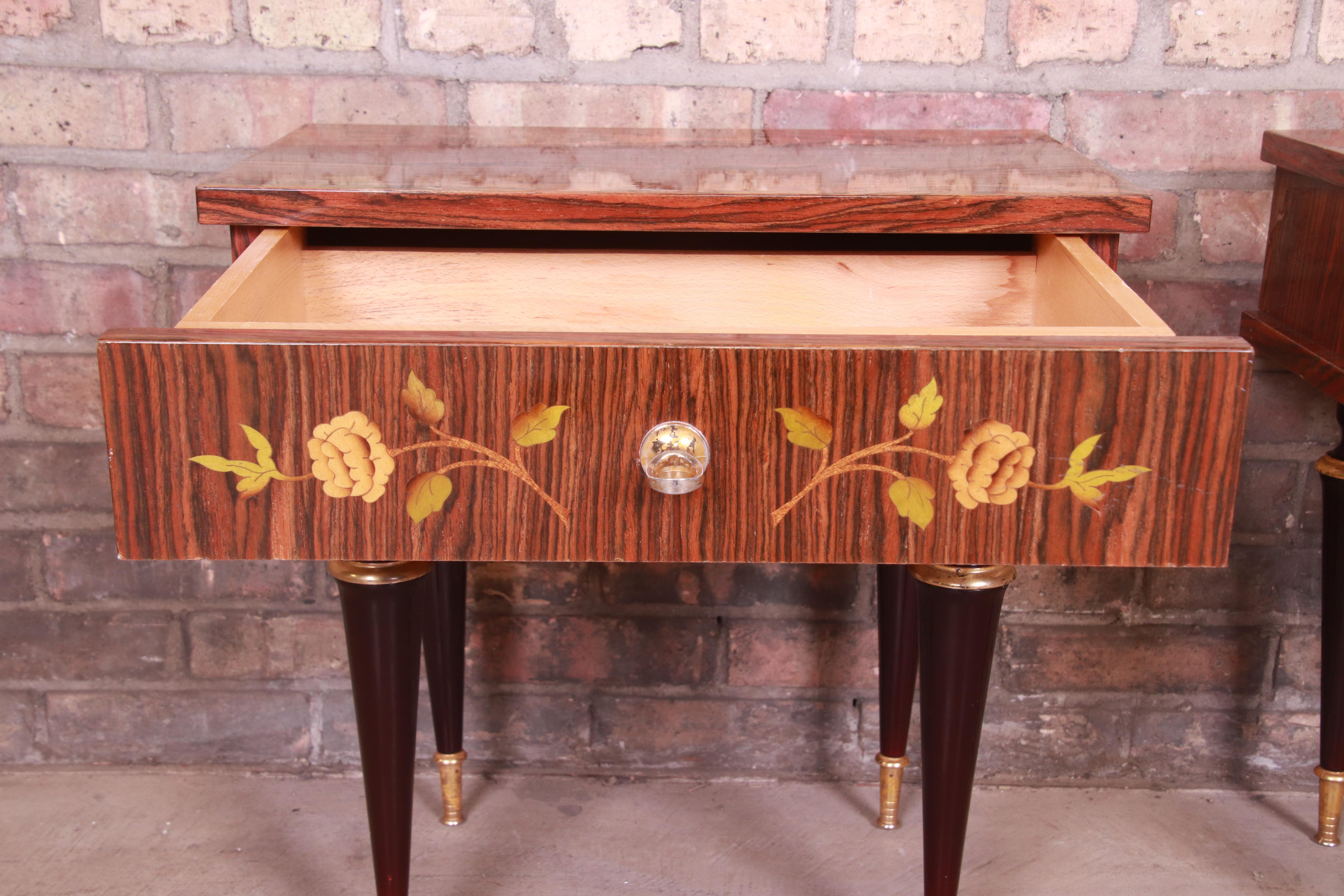 French Art Deco Macassar Ebony Inlaid Marquetry Nightstands, Circa 1950s For Sale 4
