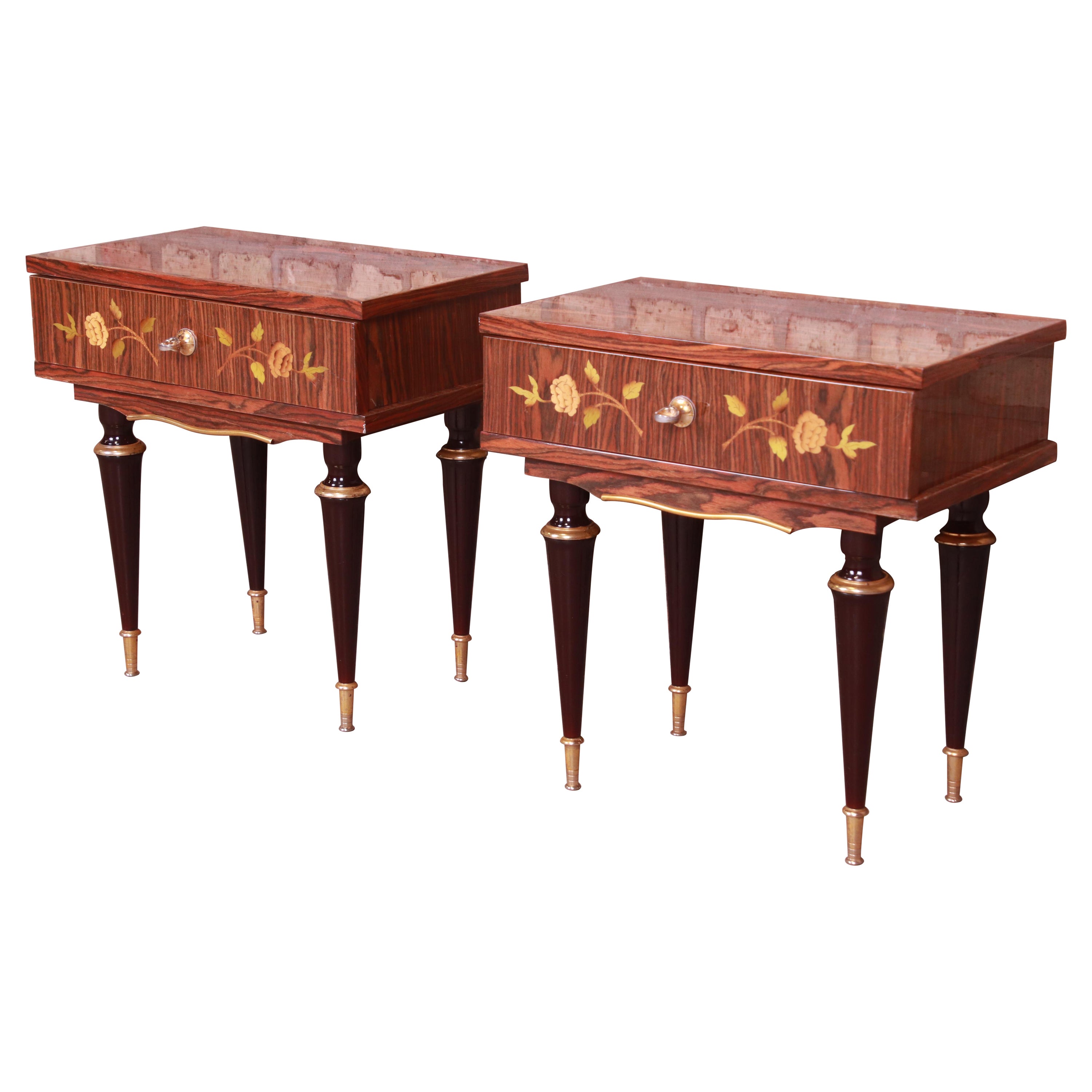 French Art Deco Macassar Ebony Inlaid Marquetry Nightstands, Circa 1950s
