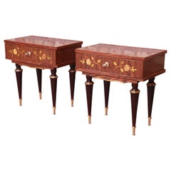 French Art Deco Macassar Ebony Inlaid Marquetry Nightstands, Circa 1950s