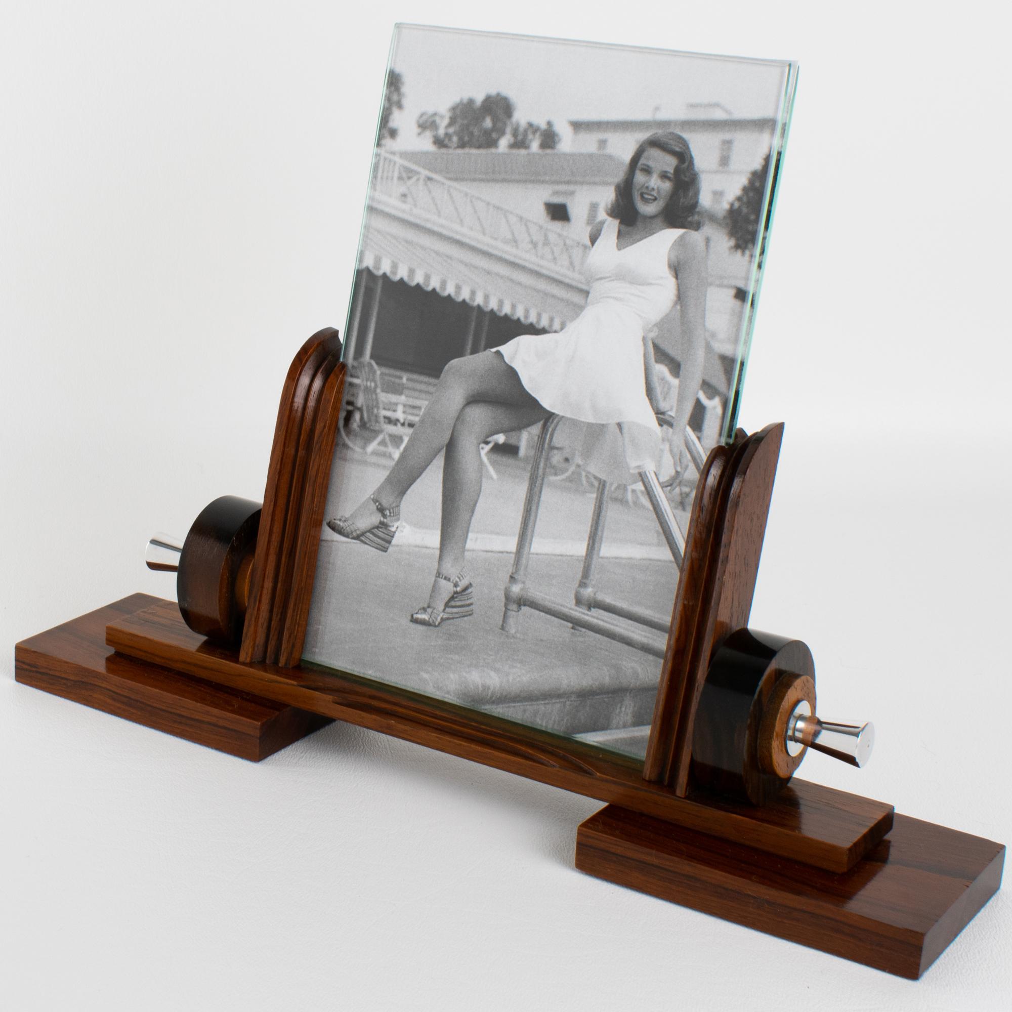 French Art Deco Macassar Wood and Chrome Metal Picture Frame, circa 1930 In Excellent Condition For Sale In Atlanta, GA