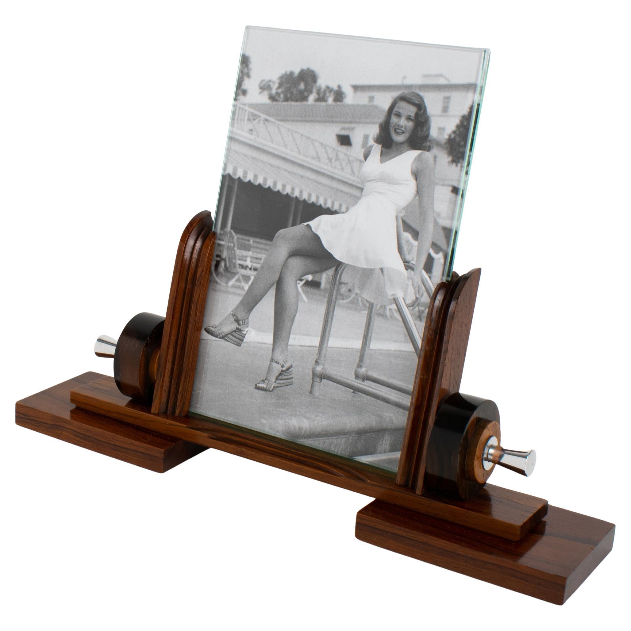 French Art Deco Macassar Wood and Chrome Metal Picture Frame, circa 1930 For Sale