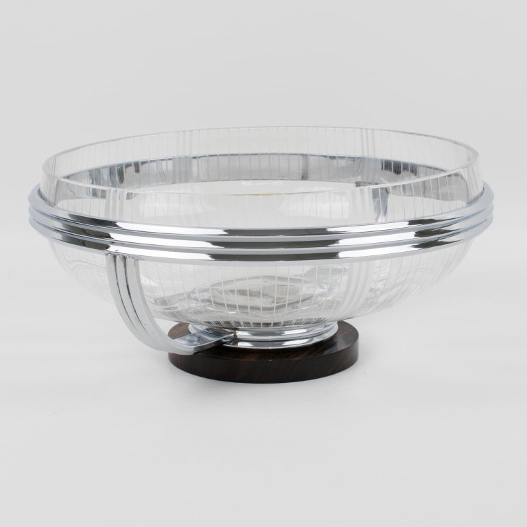 French Art Deco Macassar Wood and Crystal Centerpiece Bowl For Sale 1