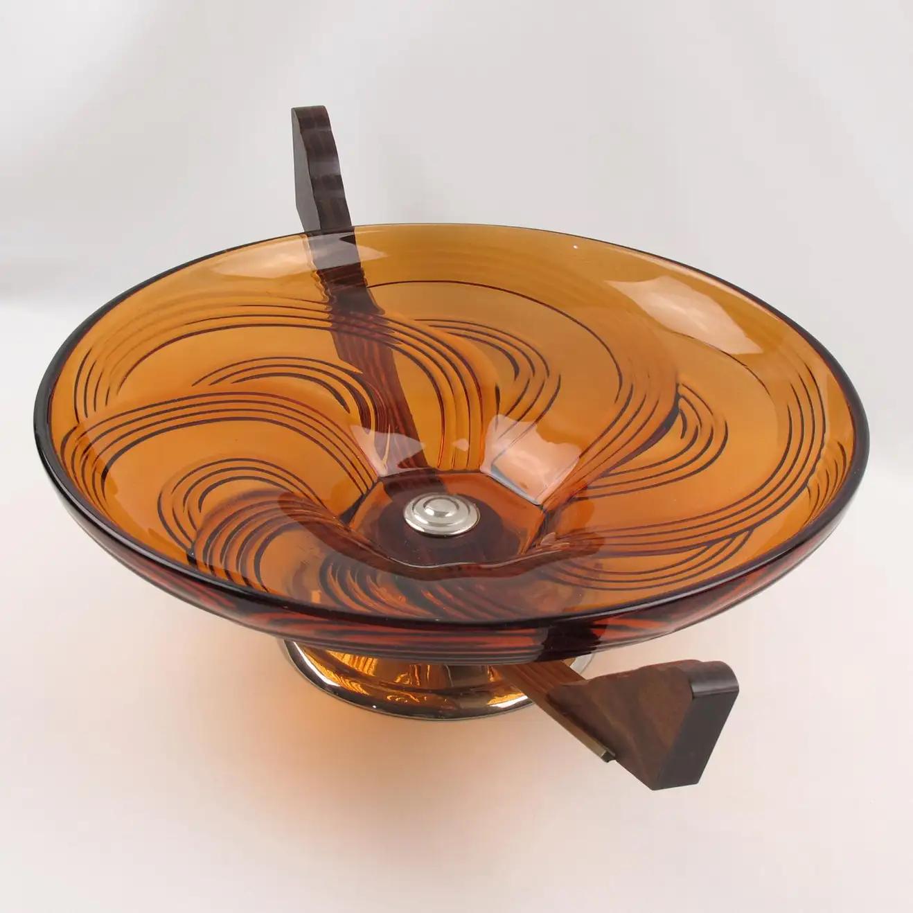 Metal Art Deco Macassar Wood and Glass Centerpiece Bowl, France 1930s For Sale