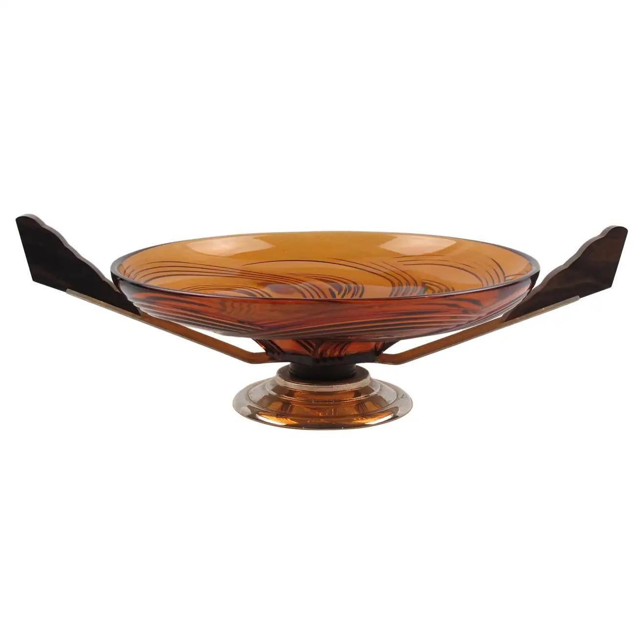 Art Deco Macassar Wood and Glass Centerpiece Bowl, France 1930s For Sale 1