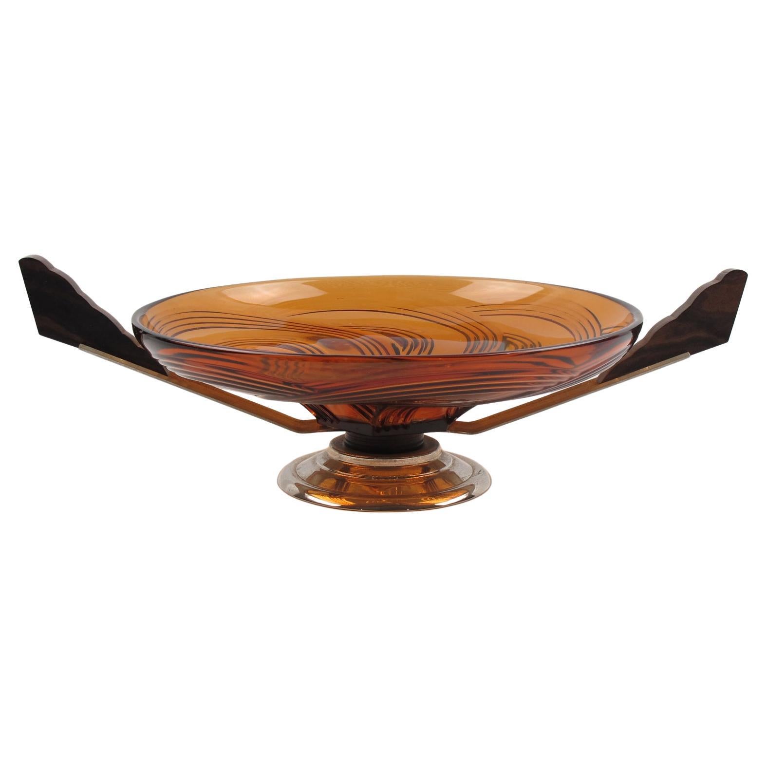 French Art Deco Macassar Wood and Glass Centerpiece Bowl