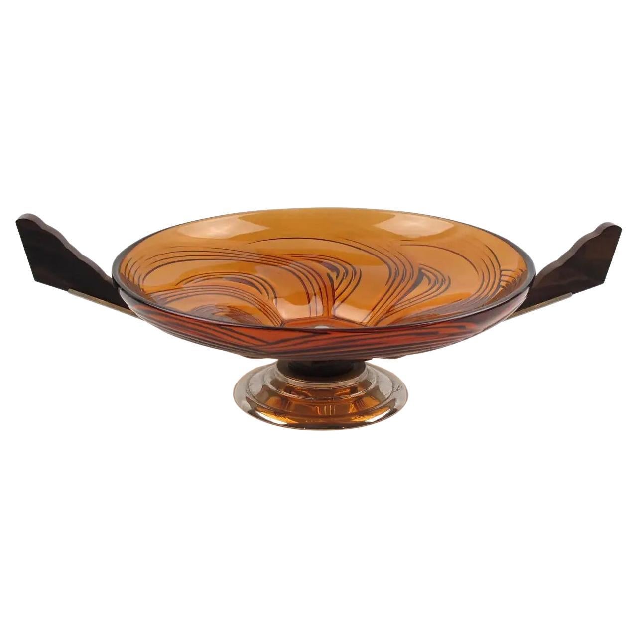 Art Deco Macassar Wood, Chrome and Glass Centerpiece Bowl Basket For