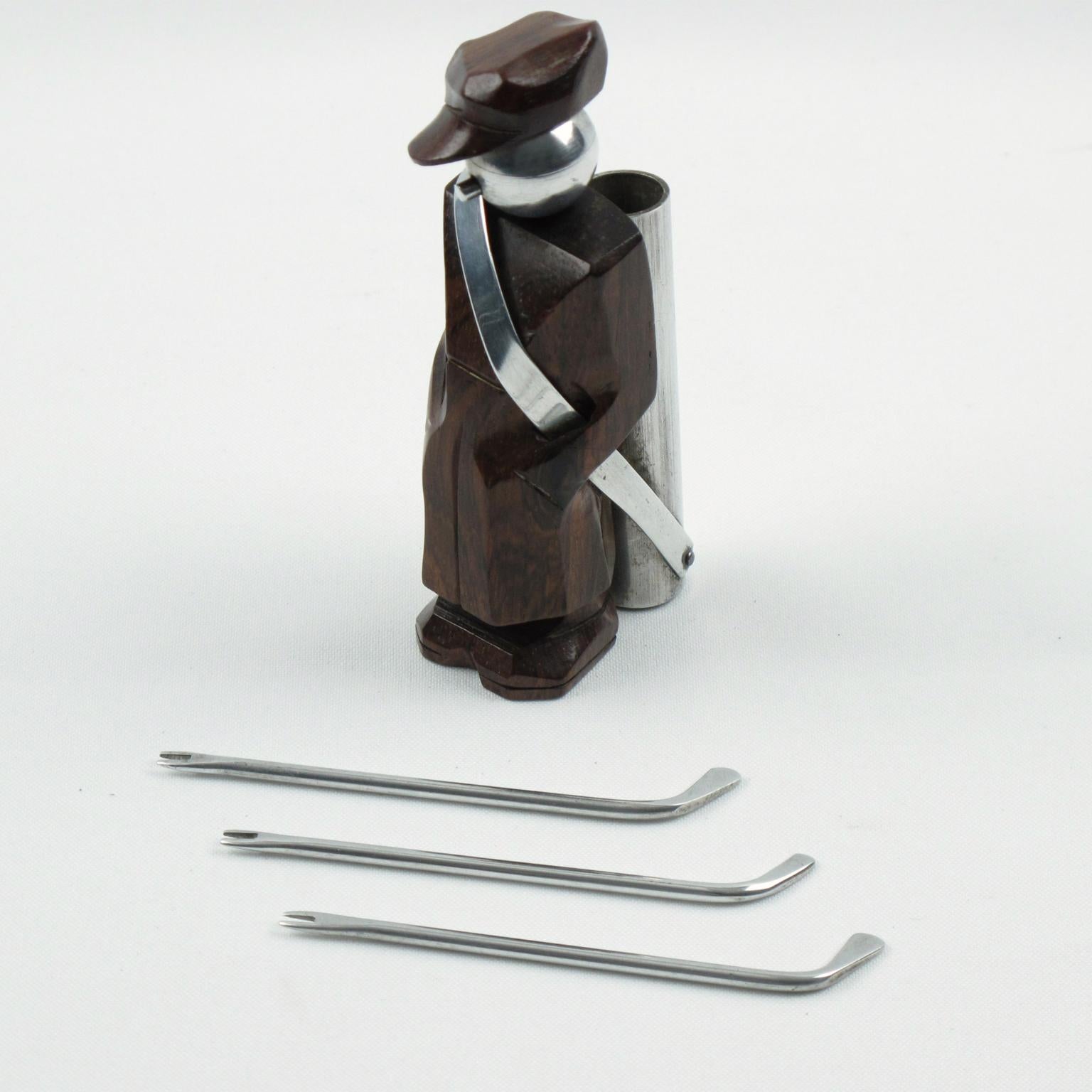 Milieu du XXe siècle Pichets à cocktail Art Déco en bois de Macassar et métal pour golf, France, années 1930