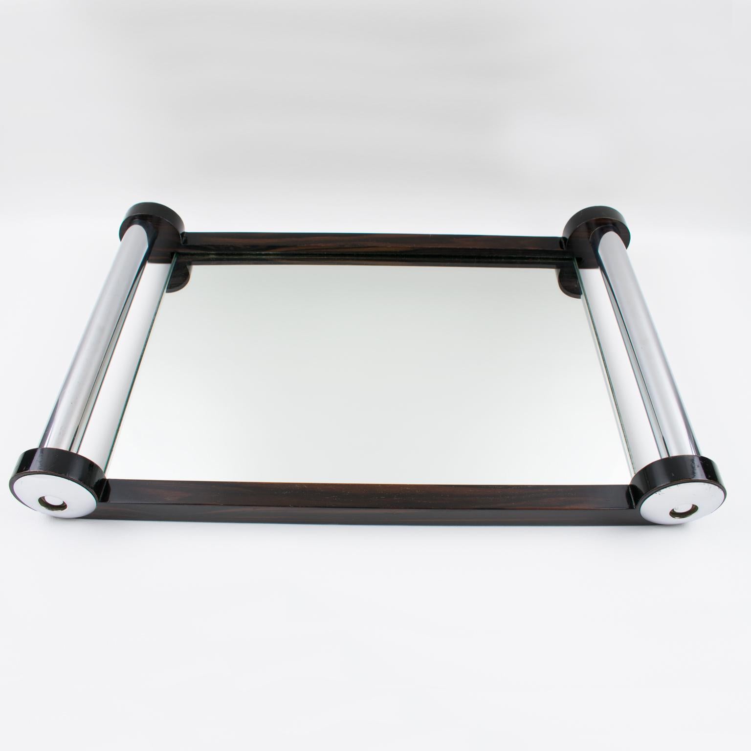 French Art Deco Macassar Wood and Mirror Serving Tray with Chrome Handles 6