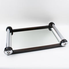French Art Deco Macassar Wood and Mirror Serving Tray with Chrome Handles