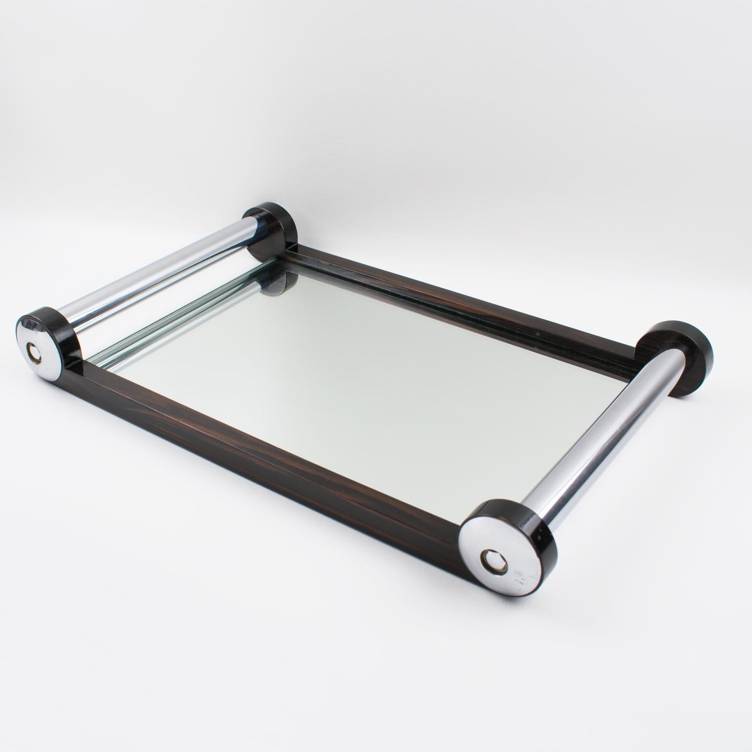 Mid-20th Century French Art Deco Macassar Wood and Mirror Serving Tray with Chrome Handles