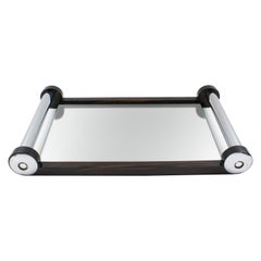 French Art Deco Macassar Wood and Mirror Serving Tray with Chrome Handles
