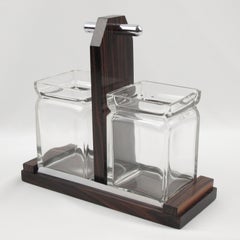 Service à condiments Art Déco français en bois de macassar, métal et cristal, années 1930