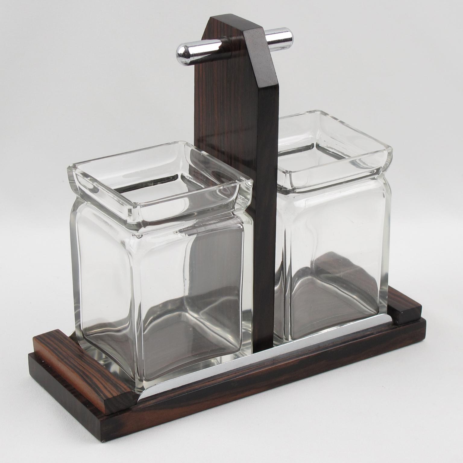 Francese Server per condimenti francese Art Deco in legno di Macassar, metallo e cristallo, anni '30 in vendita