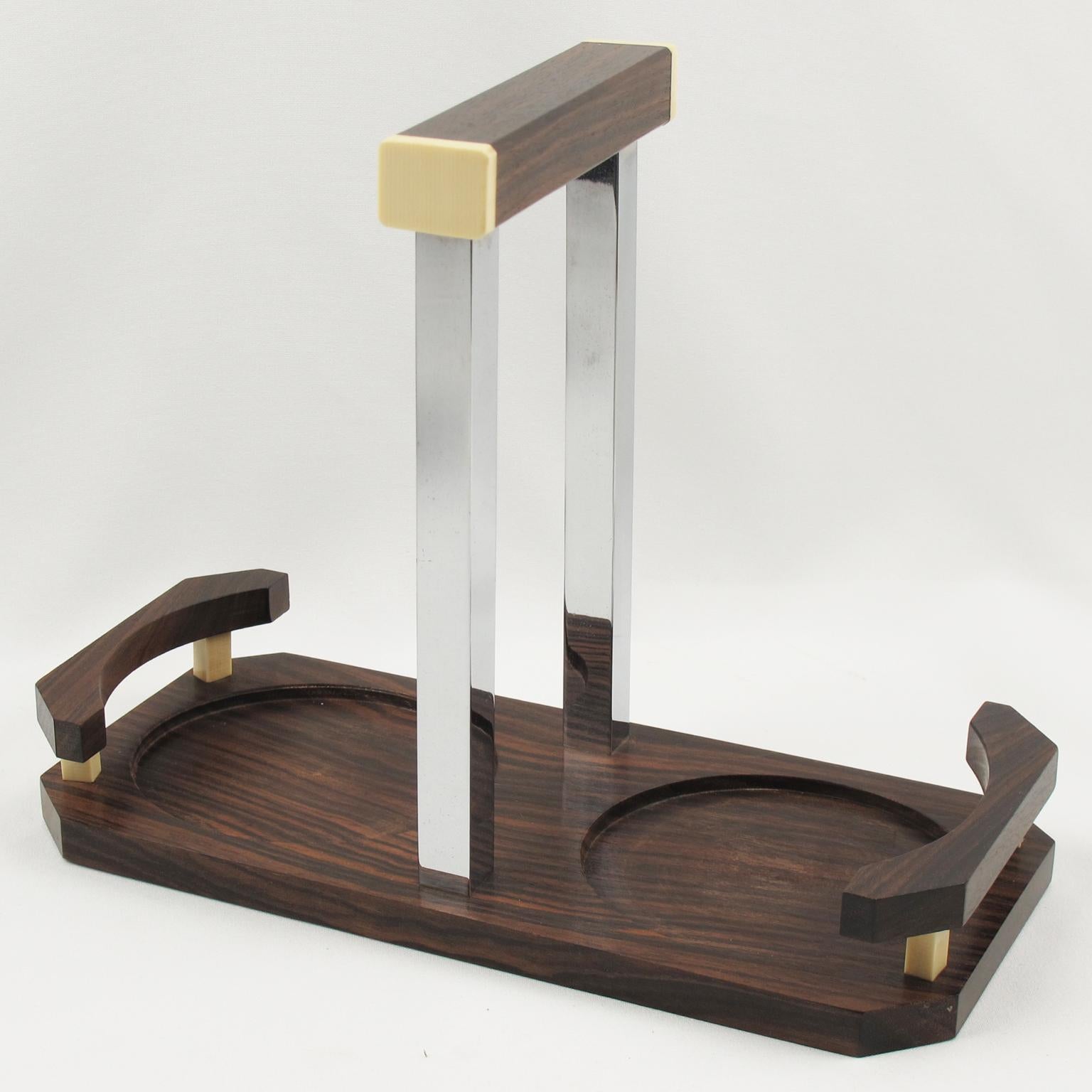 Art Deco Makassar Holz, Metall und Kristall Servierstück, um 1930 im Zustand „Gut“ im Angebot in Atlanta, GA