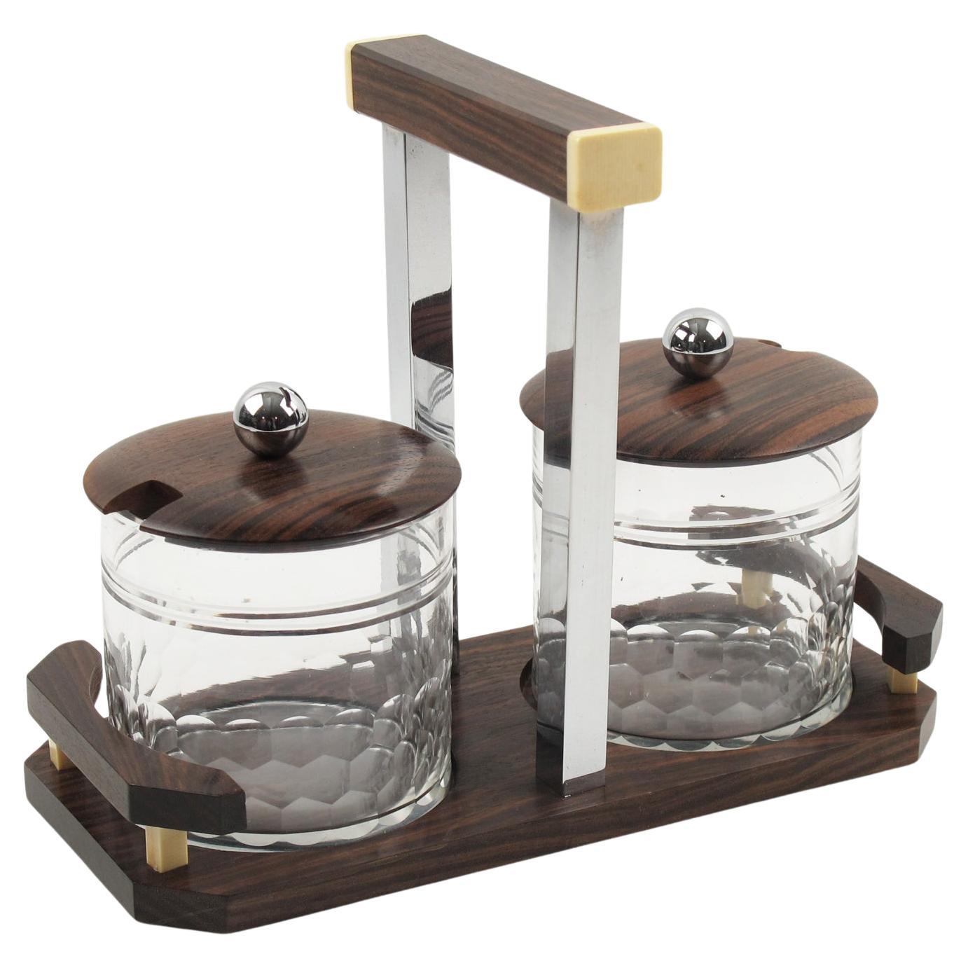 Art Deco Macassar Wood, Metal and Crystal Serving Piece, circa 1930