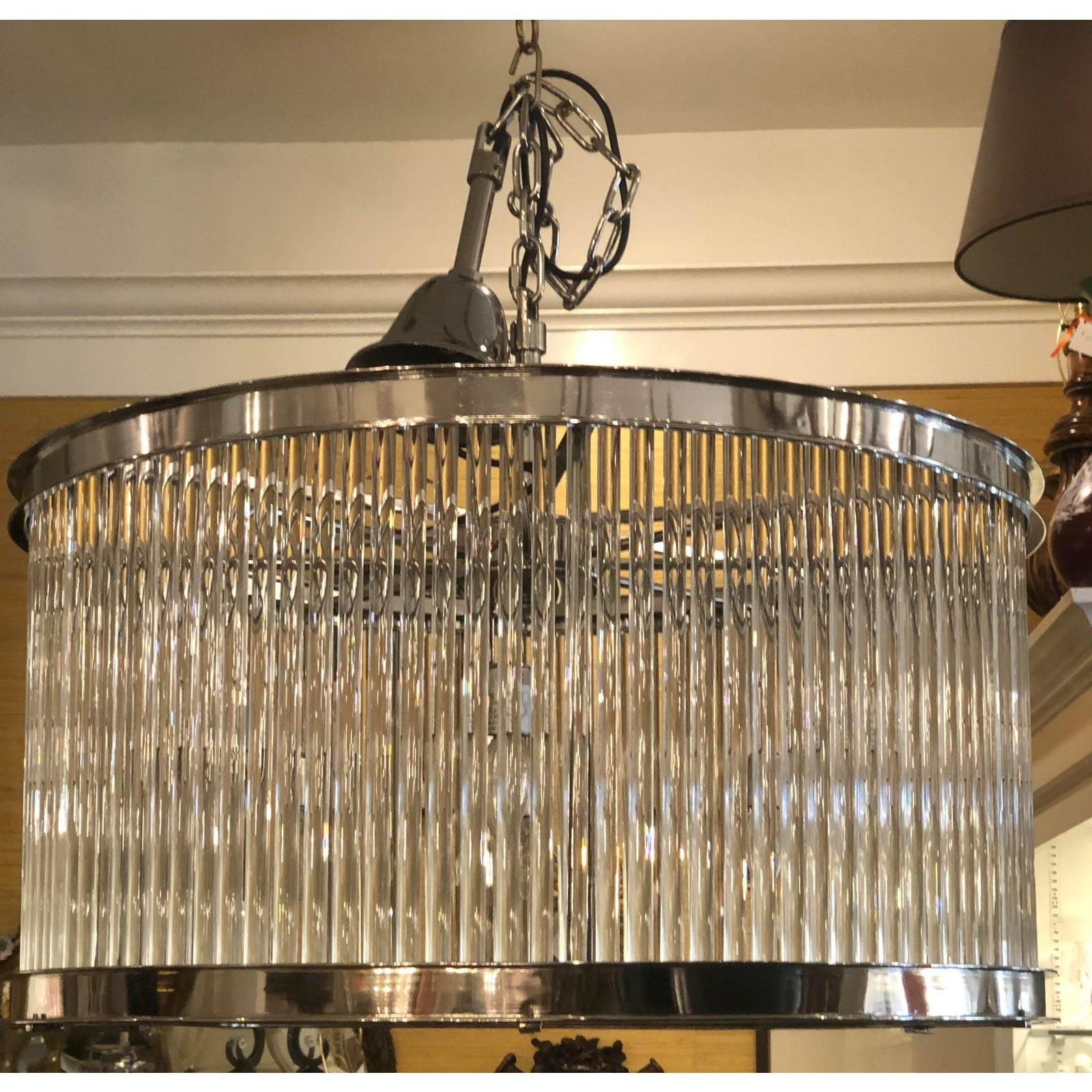 French Art Deco Machine Age glass rod light fixture chandelier. Thick glass rods and nickel-plated finish with opaque glass bottom. The barrel form glass rod section measures 16