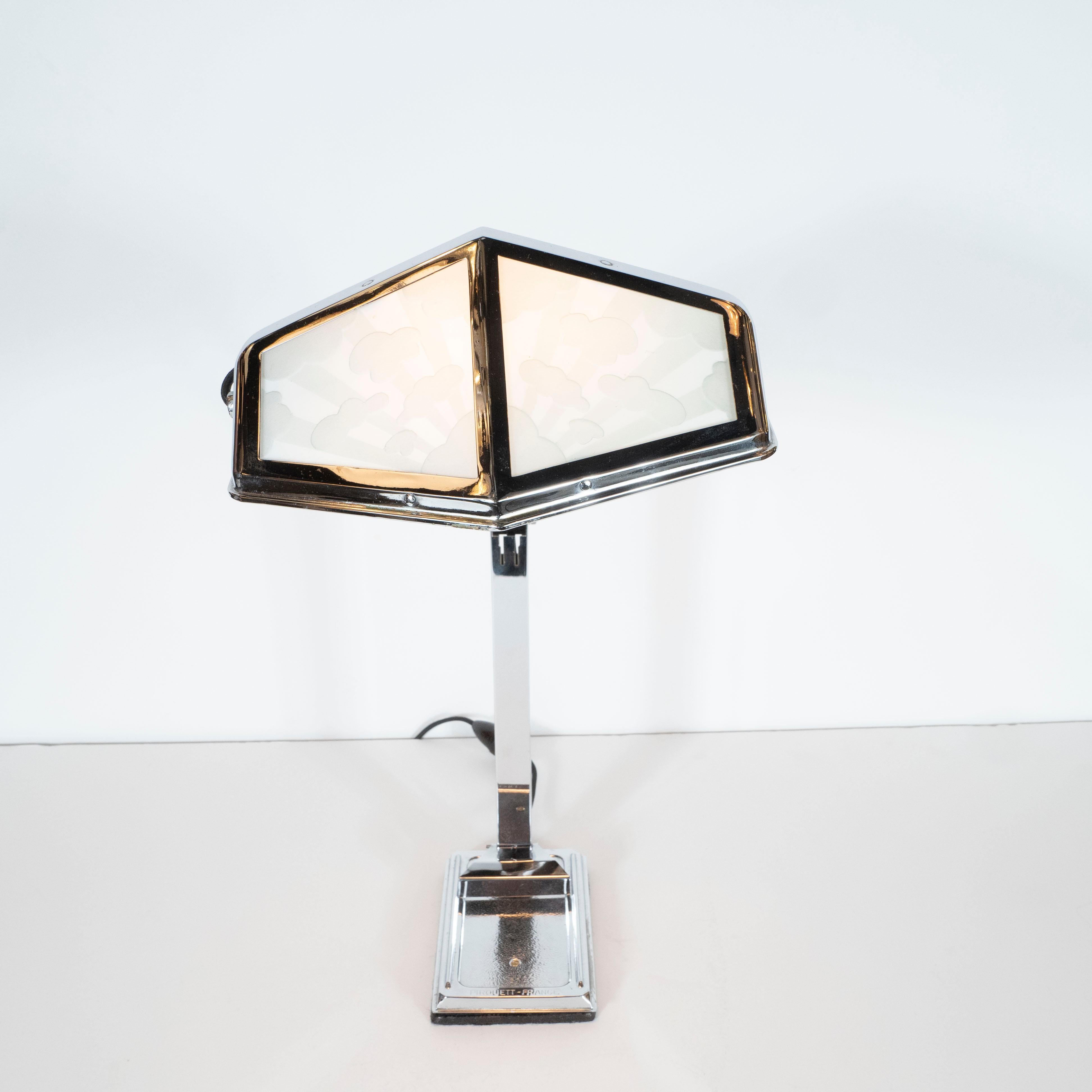 Mid-20th Century French Art Deco Machine Age Nickel and Frosted Glass Cloud Motif Table Lamp