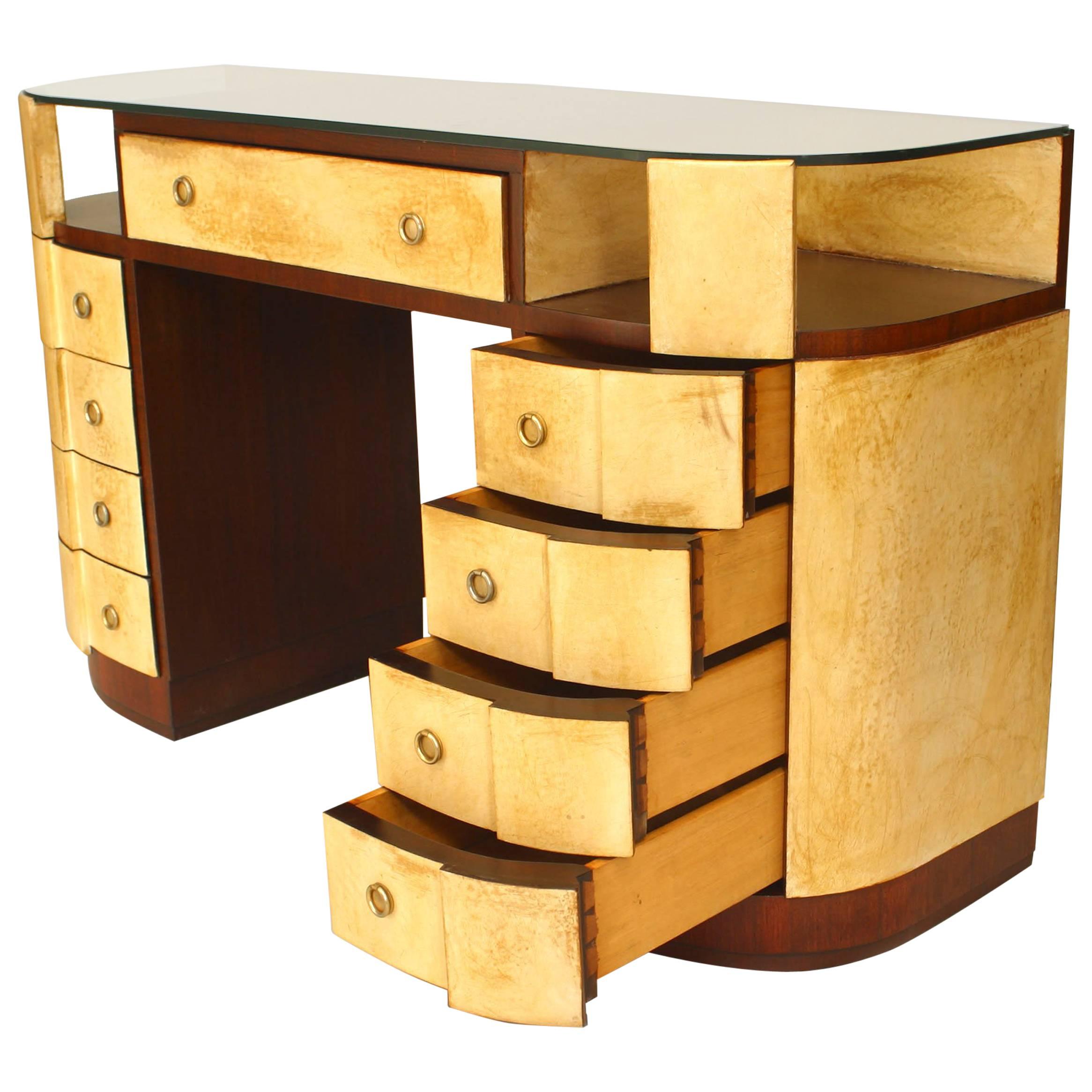 French Art Deco Mahogany and Parchment Dressing Table For Sale
