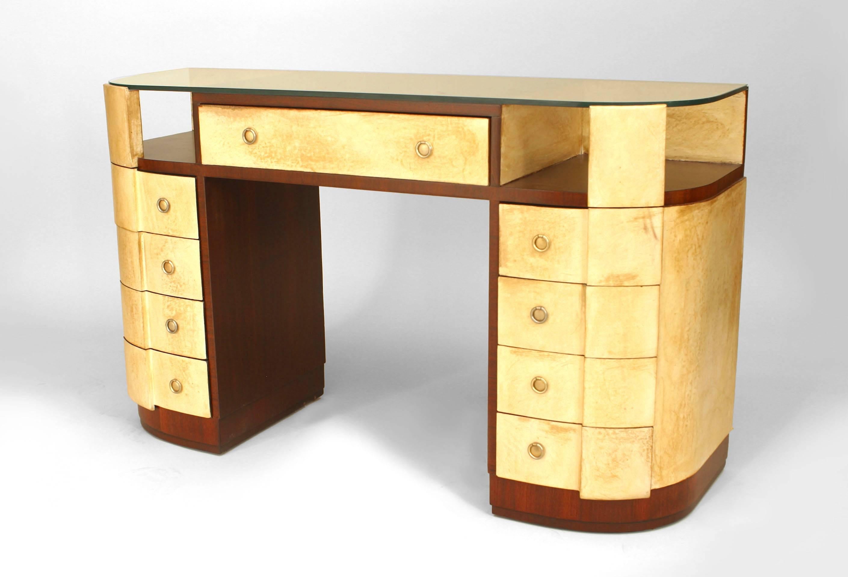 French Art Deco mahogany and parchment veneered 