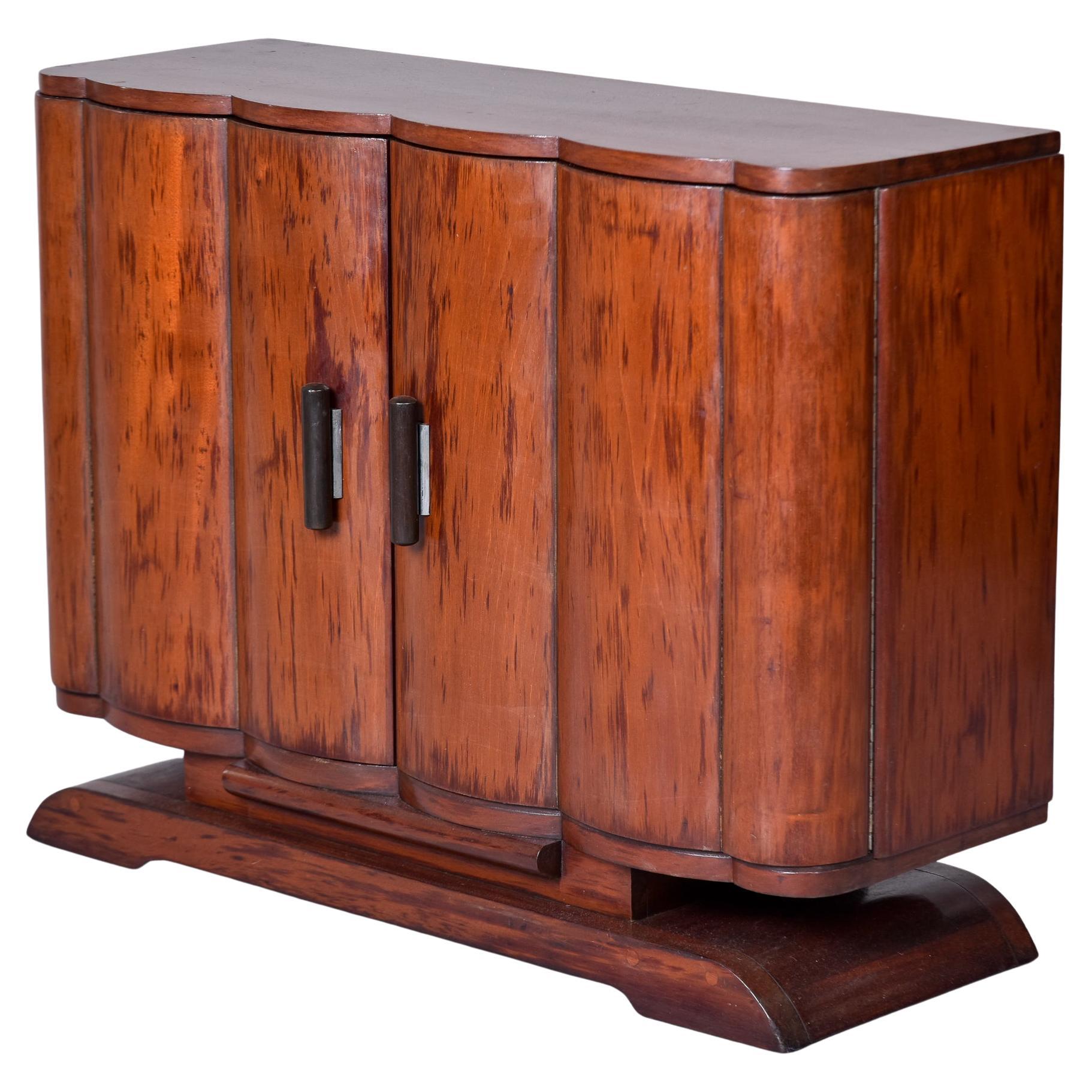 French Art Deco Mahogany Bar Cabinet with Curved Doors and Pedestal Base