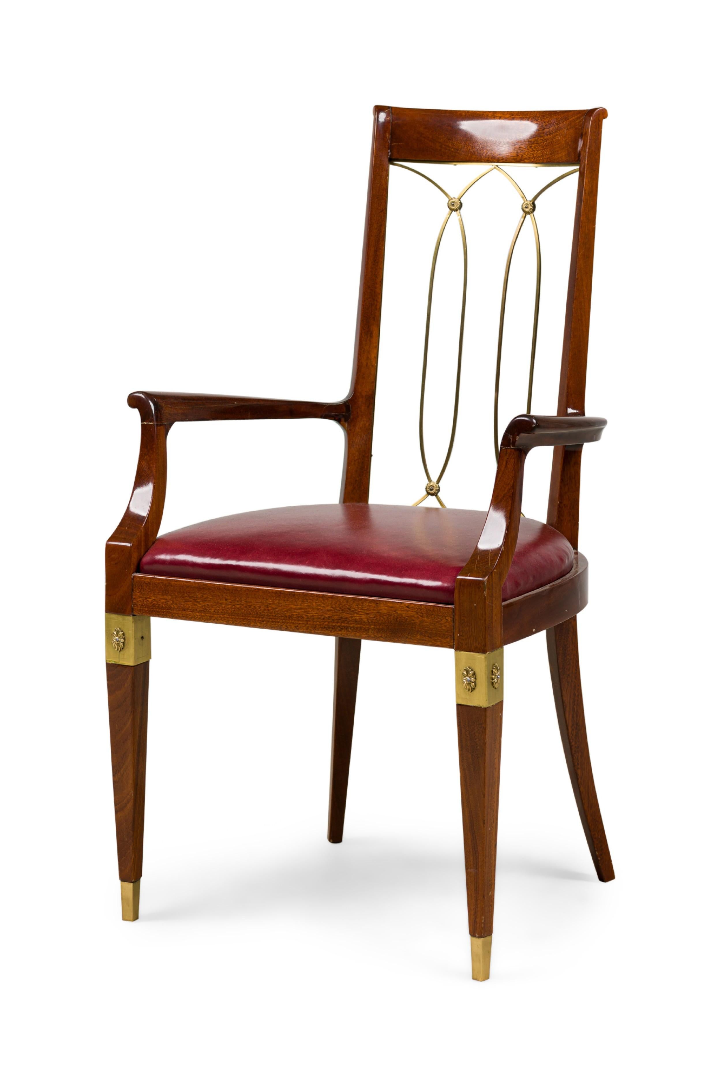 Fauteuil Art-Déco français à dossier ouvert en laiton acajou avec assise en cuir rouge (chaise d'appoint assortie : 063799B)