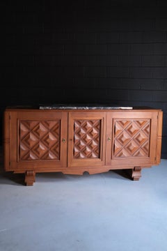 French Art Deco Mahogany Buffet with Geometric Motif and Marble Top, C.1940s