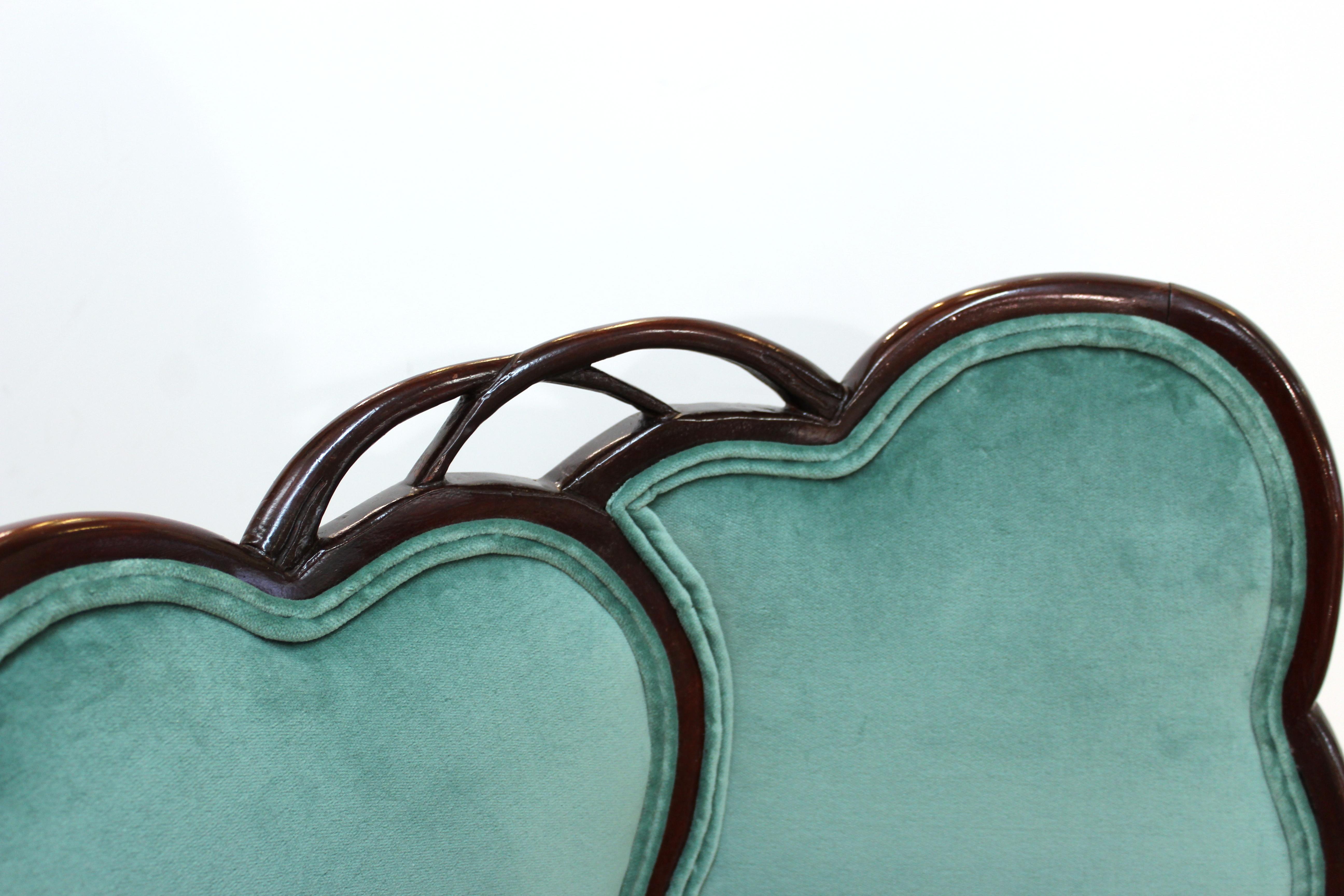 French Art Deco Mahogany Chairs in Jade Green Velvet with Leaf Design 7