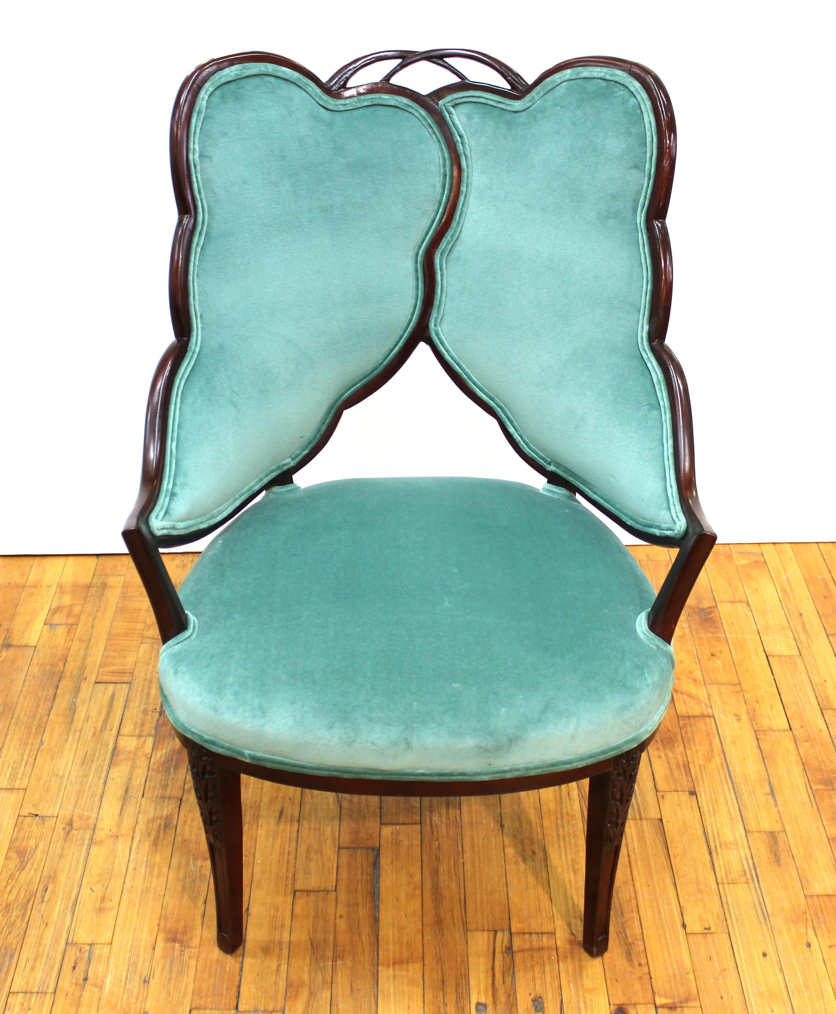 French Art Deco Mahogany Chairs in Jade Green Velvet with Leaf Design In Good Condition In New York, NY