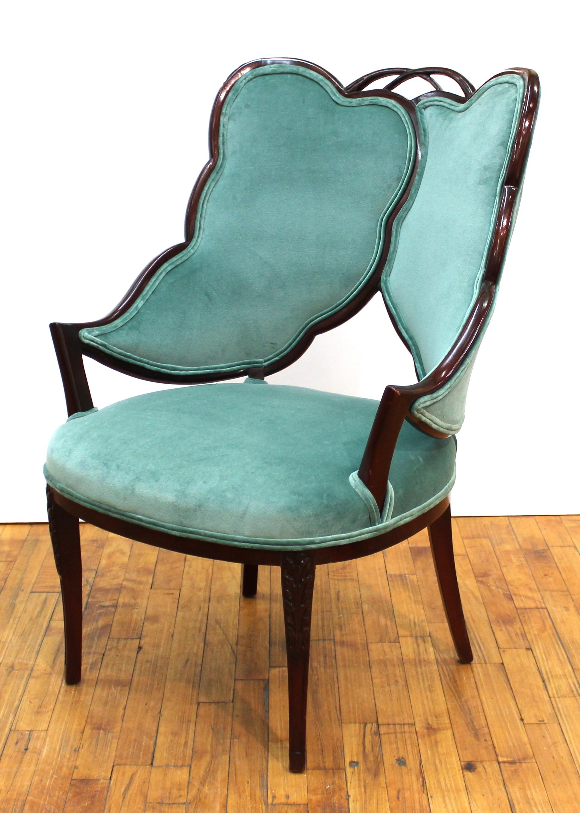 Mid-20th Century French Art Deco Mahogany Chairs in Jade Green Velvet with Leaf Design