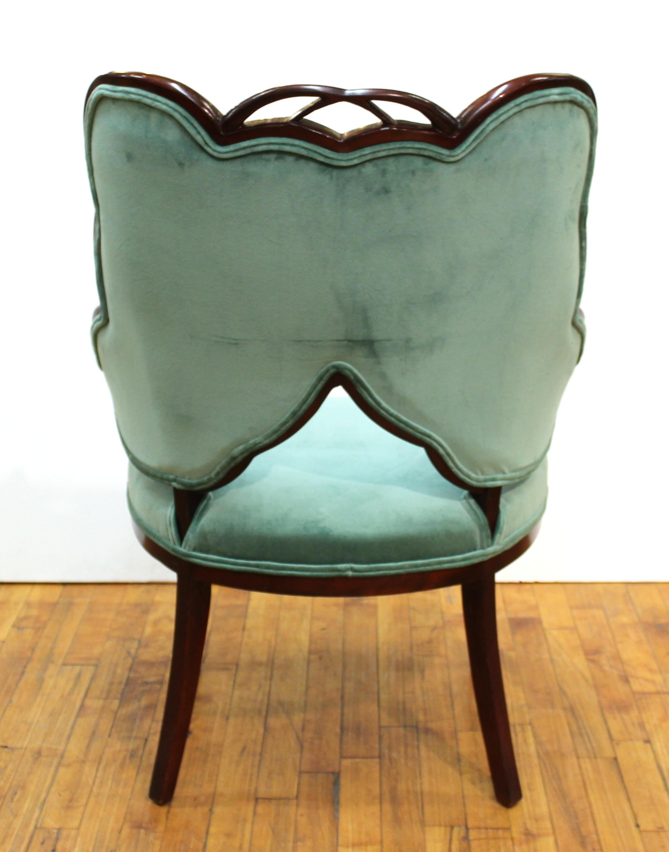 French Art Deco Mahogany Chairs in Jade Green Velvet with Leaf Design 3