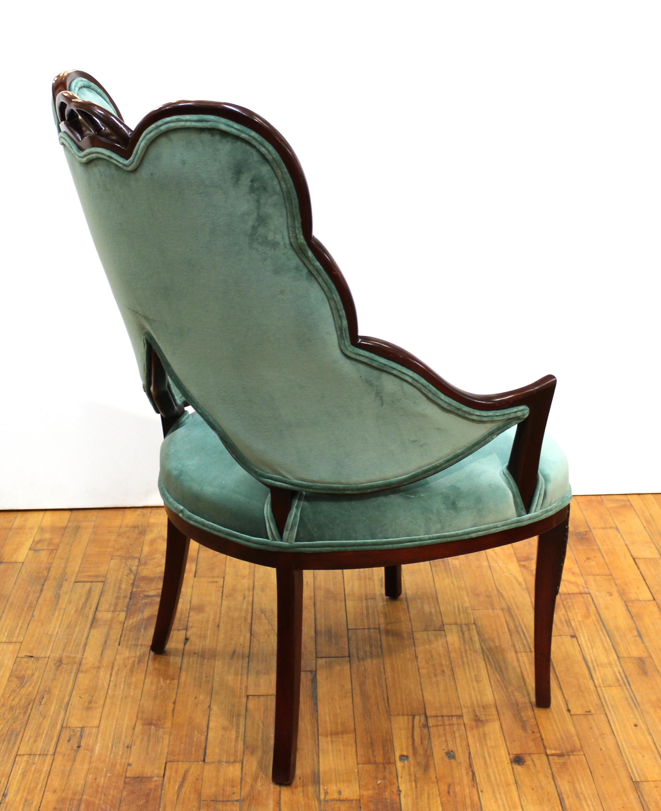 French Art Deco Mahogany Chairs in Jade Green Velvet with Leaf Design 4