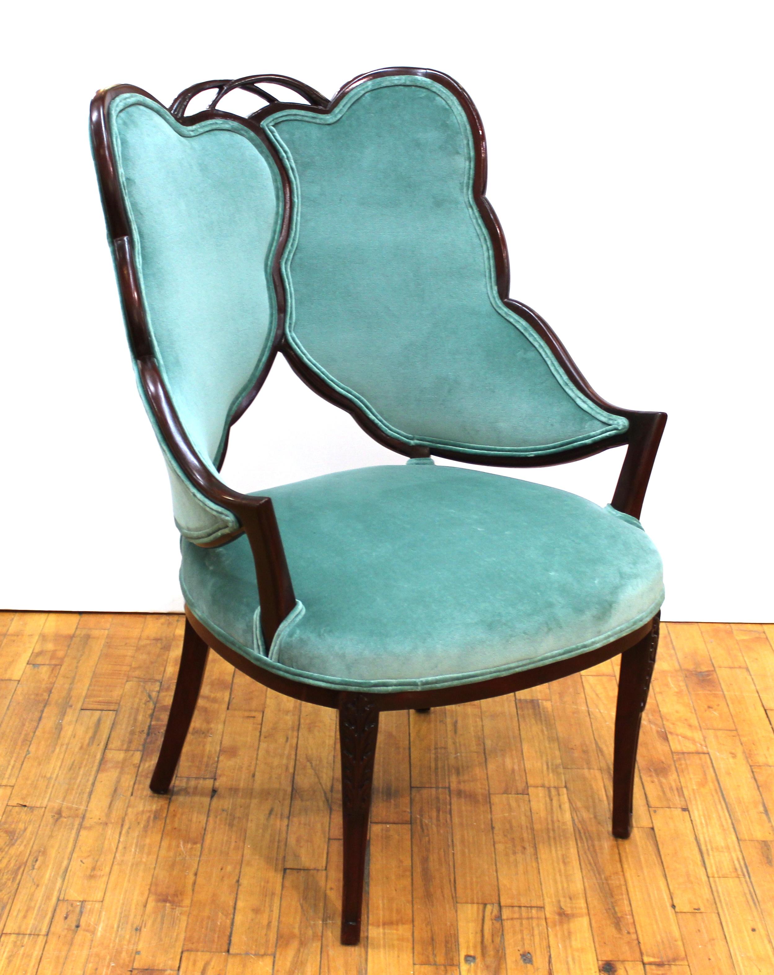 French Art Deco Mahogany Chairs in Jade Green Velvet with Leaf Design 5