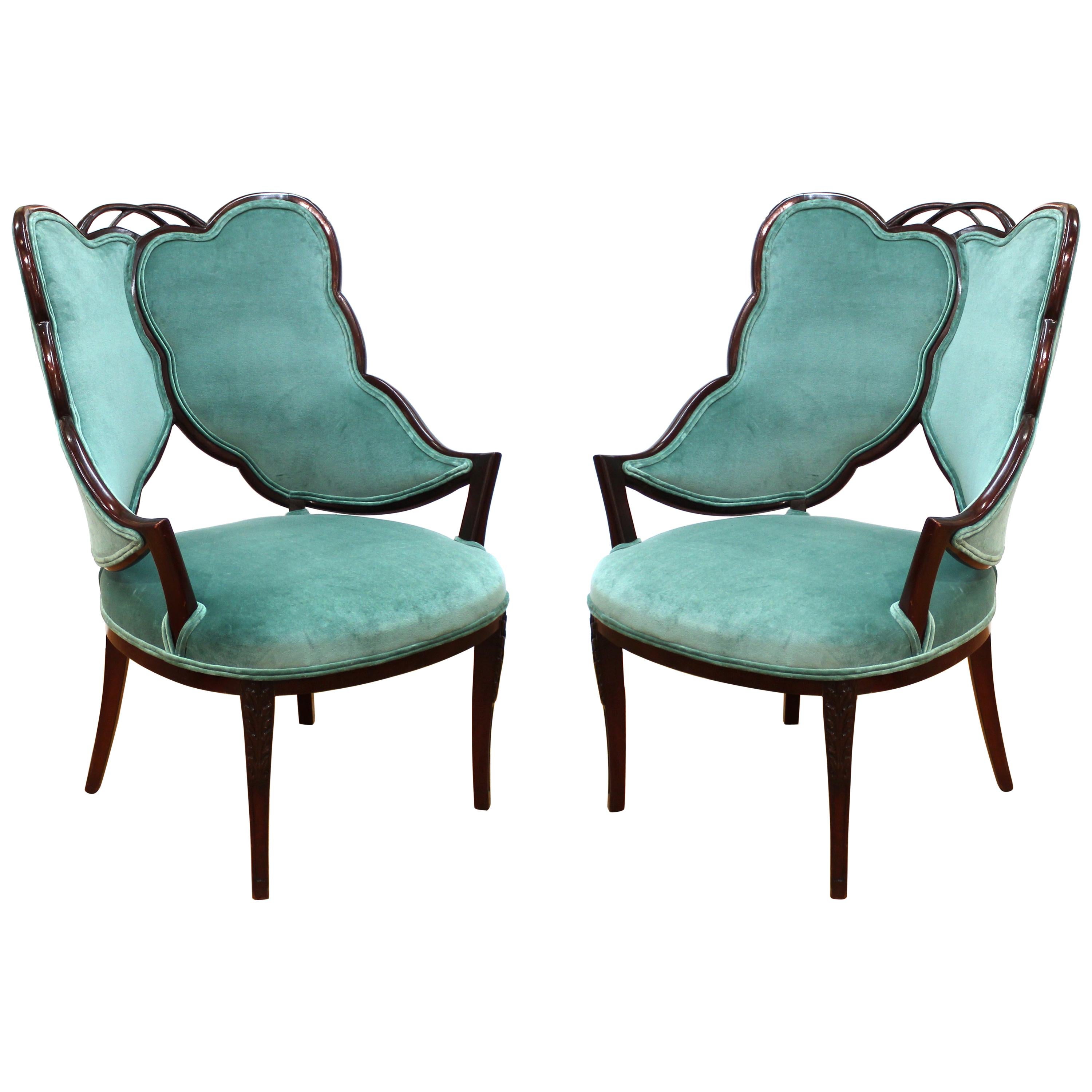 French Art Deco Mahogany Chairs in Jade Green Velvet with Leaf Design
