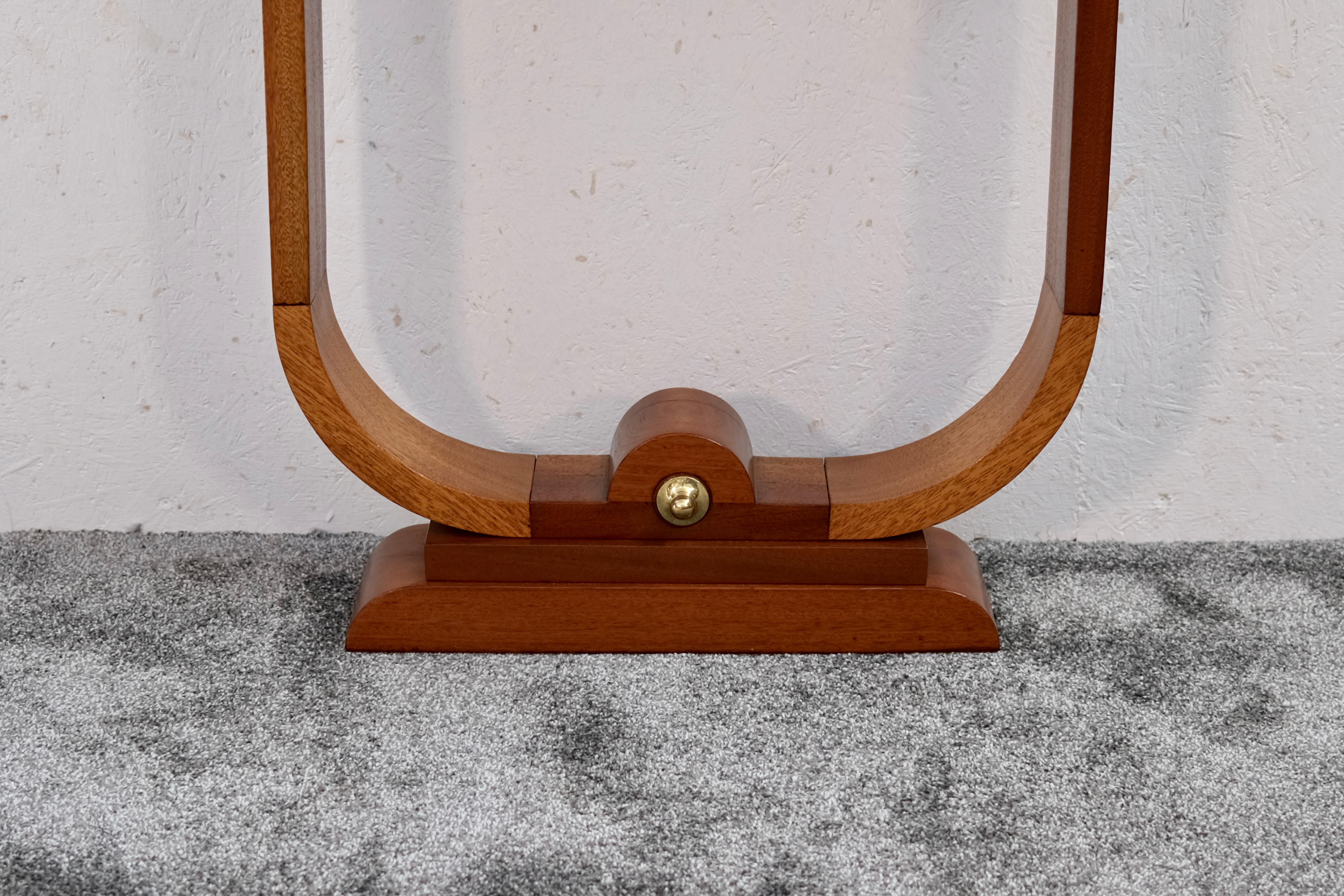 Oiled French Art Deco Mahogany Console Table with U-shaped Base and Satin Finish For Sale