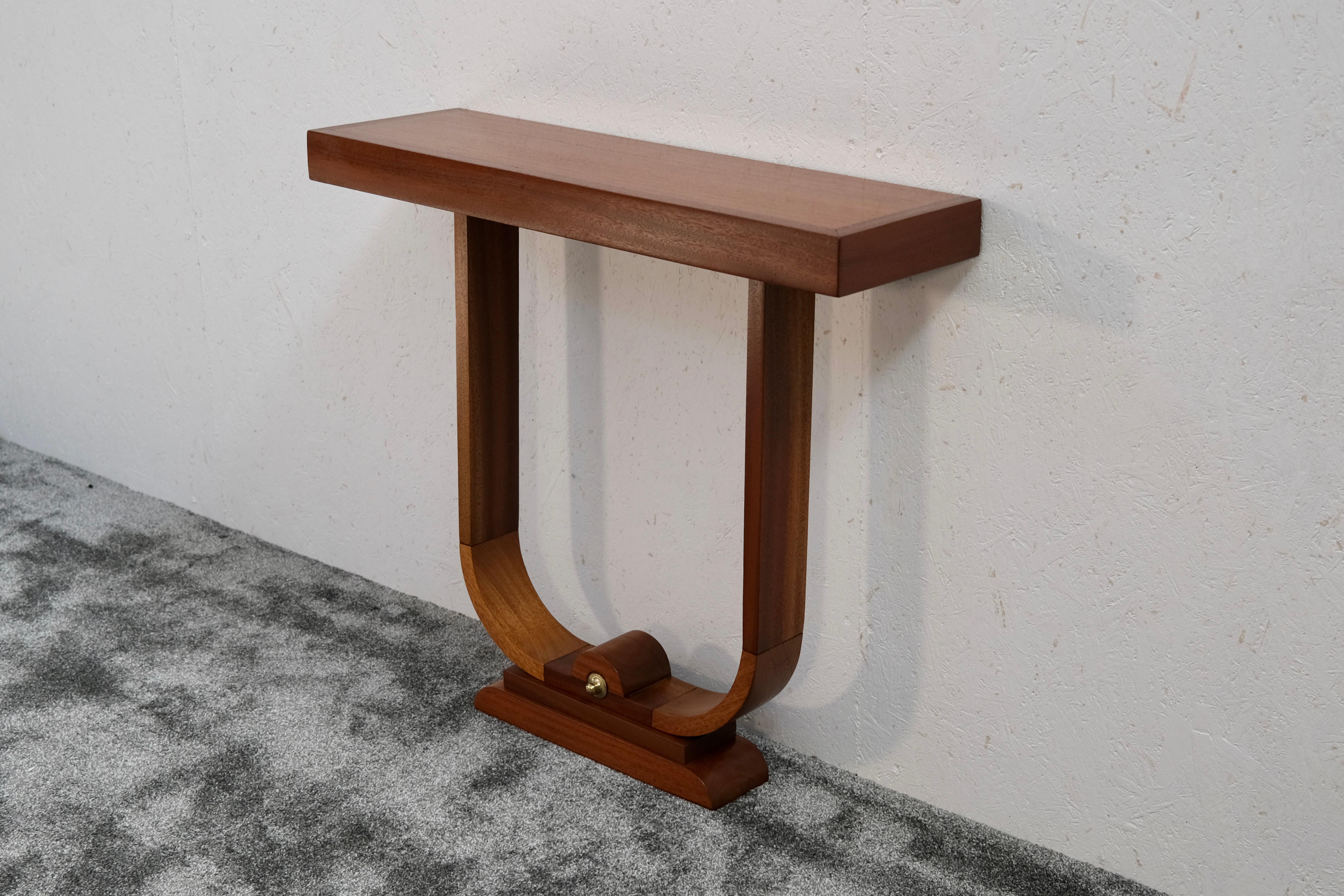 Mid-20th Century French Art Deco Mahogany Console Table with U-shaped Base and Satin Finish For Sale