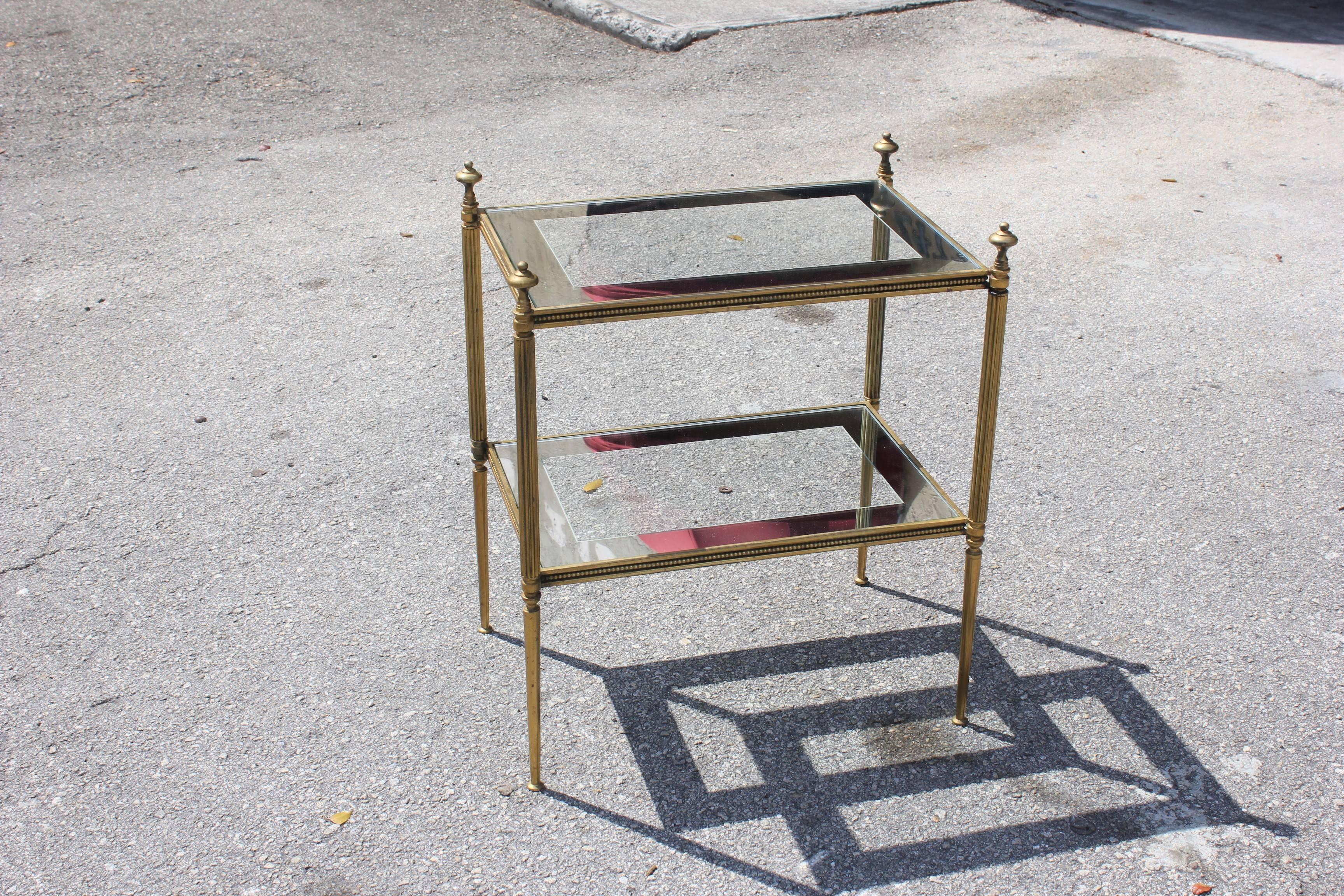 French Art Deco Maison Jansen Two-Tier Bronze Coffee Or Side Table Rectangular With 2 beautiful glass with mirror, nice bronze detail , Circa 1940s. the table and the glass are in perfect condition, WE TRAVELED TO BUY ALL OUR PIECES IN FRANCE .WE