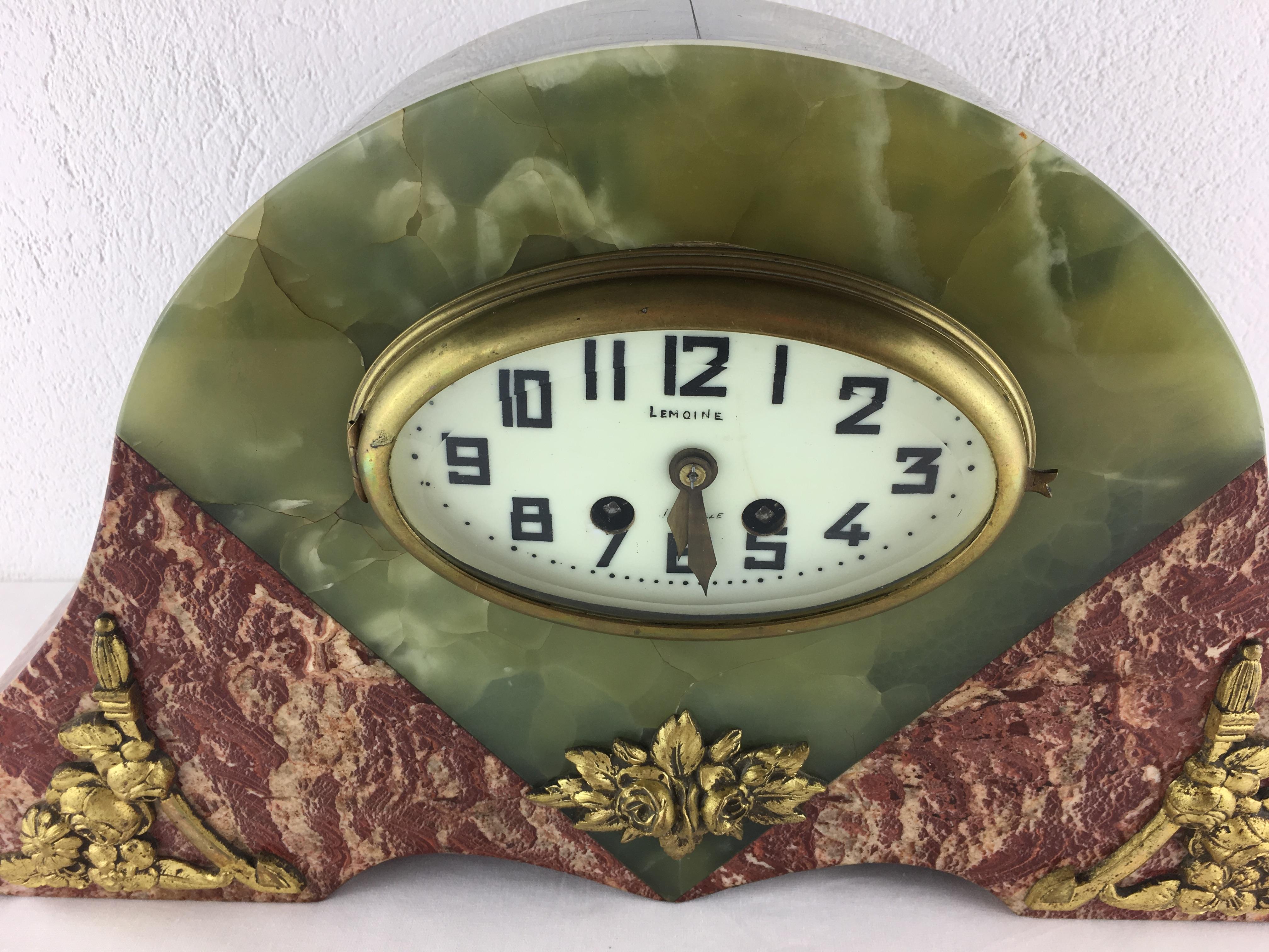Gilt French Art Deco Mantel Clock Marble and Onyx Set by Lemoine Bonnet & Pottier For Sale