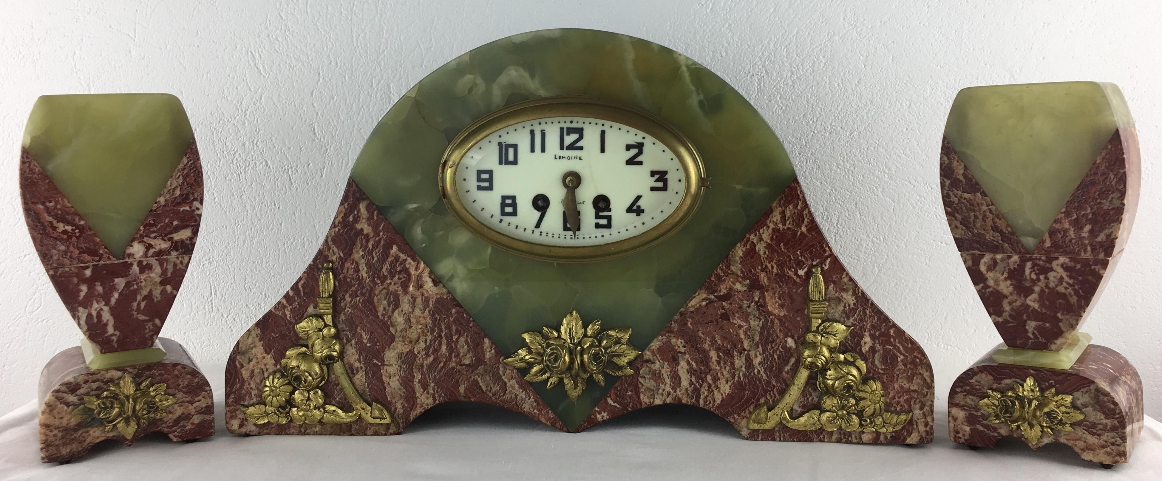 Bronze French Art Deco Mantel Clock Marble and Onyx Set by Lemoine Bonnet & Pottier For Sale