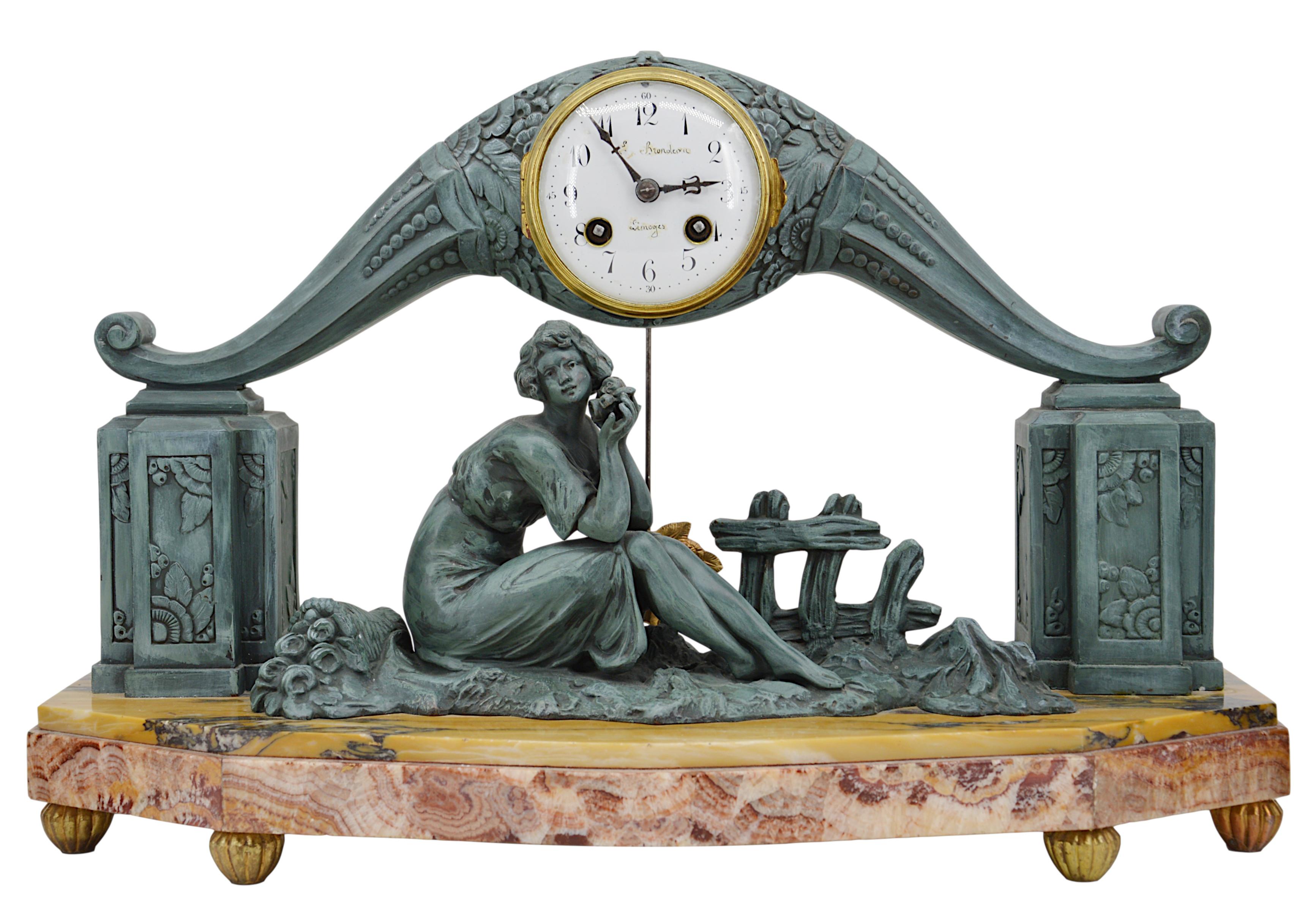 French Art Deco mantel clock set in the Süe & Mare style by Limousin, France, 1920s. Spelter, marble, bronze and brass. Clockmaker: E.Brondeau (Limoges). Sculptor: G.Limousin. 